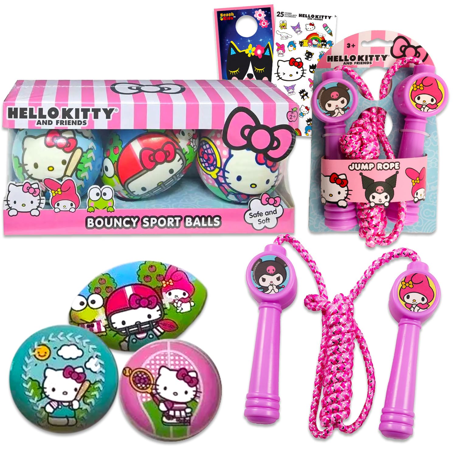 Hello Kitty Outdoor Toys for Girls, Kids - Bundle With 3 Mini Sports Balls, Jump Rope, and Stickers | Fitness Toys, Sport Playset