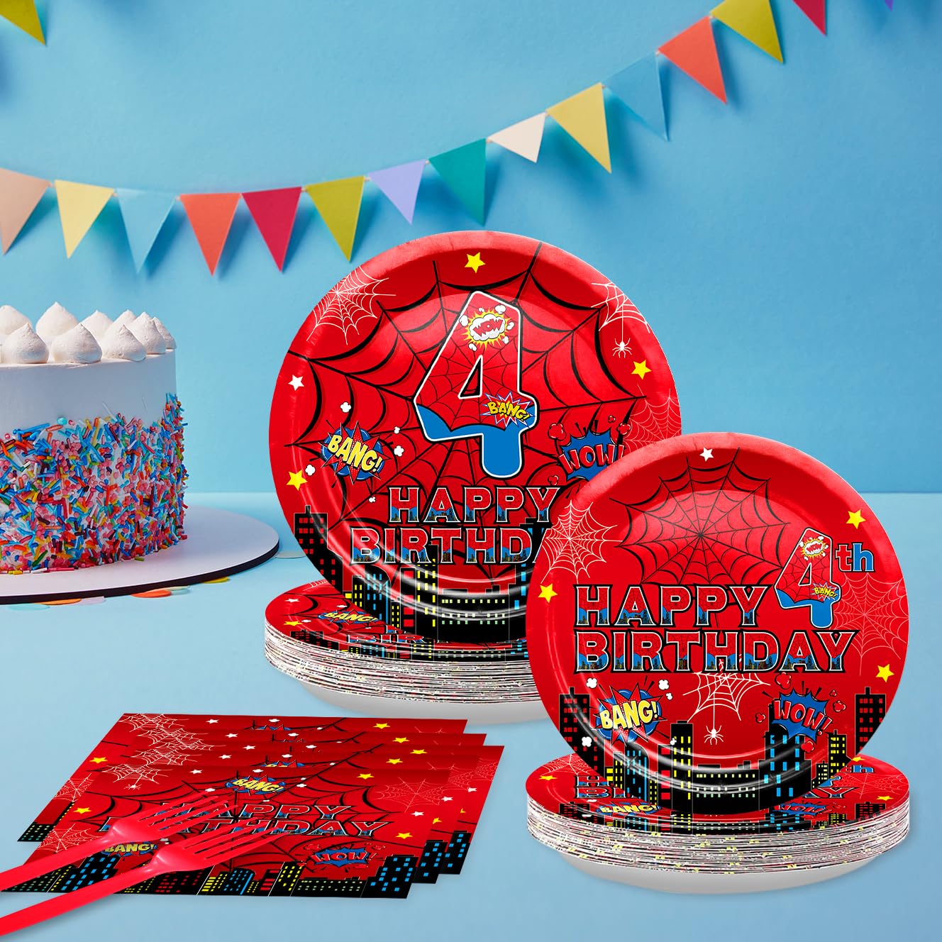 Red Spider 4th Birthday Party Supplies, Spider Web Birthday Plates Set Include Paper Plates, Napkins, Forks for Spider Themed Party Favors