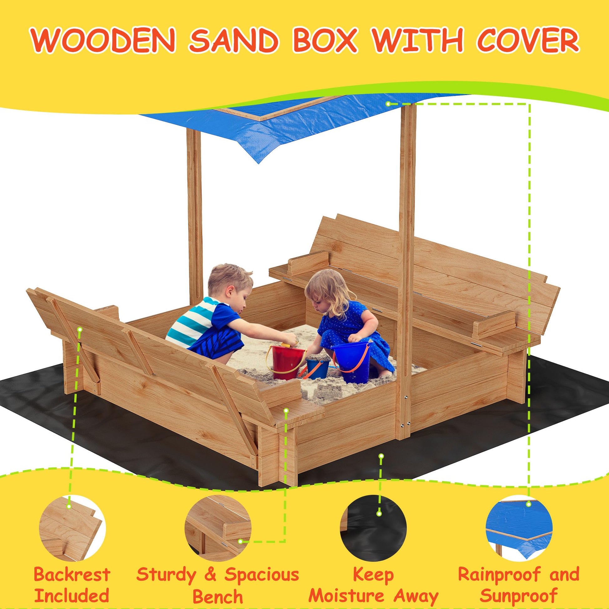 Wooden Sandbox with Lid＆Cover, Outdoor Sand Box with 2 Bench Seats, Bottom Liner, Adjustable Height & Rotatable Canopy for Ages 3-8, Spacious Kids