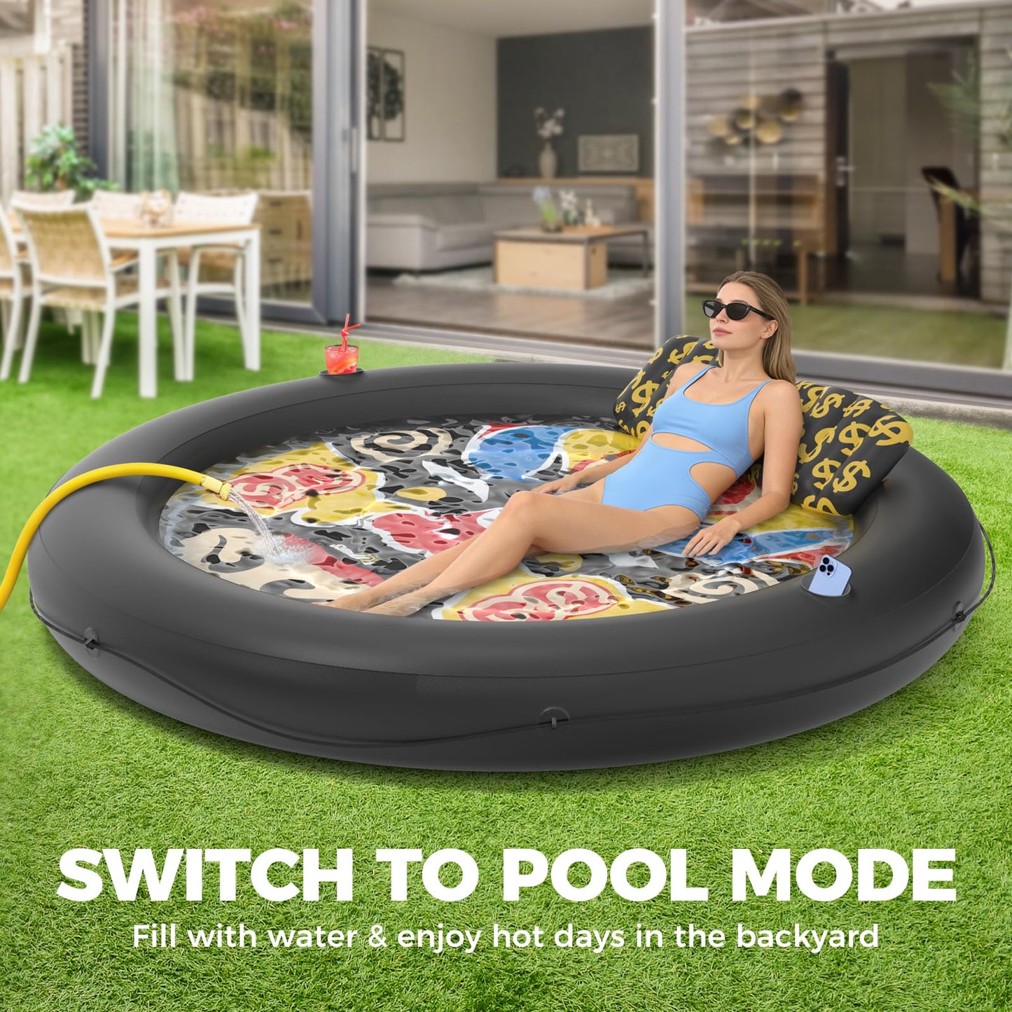 Sunikko X 73"x73" Inflatable Tanning Pool Floats Lounger Bed for Adults, Lucky Design XL Round Blow Up Pool Raft with Cup Holders, Pillow, 500lb