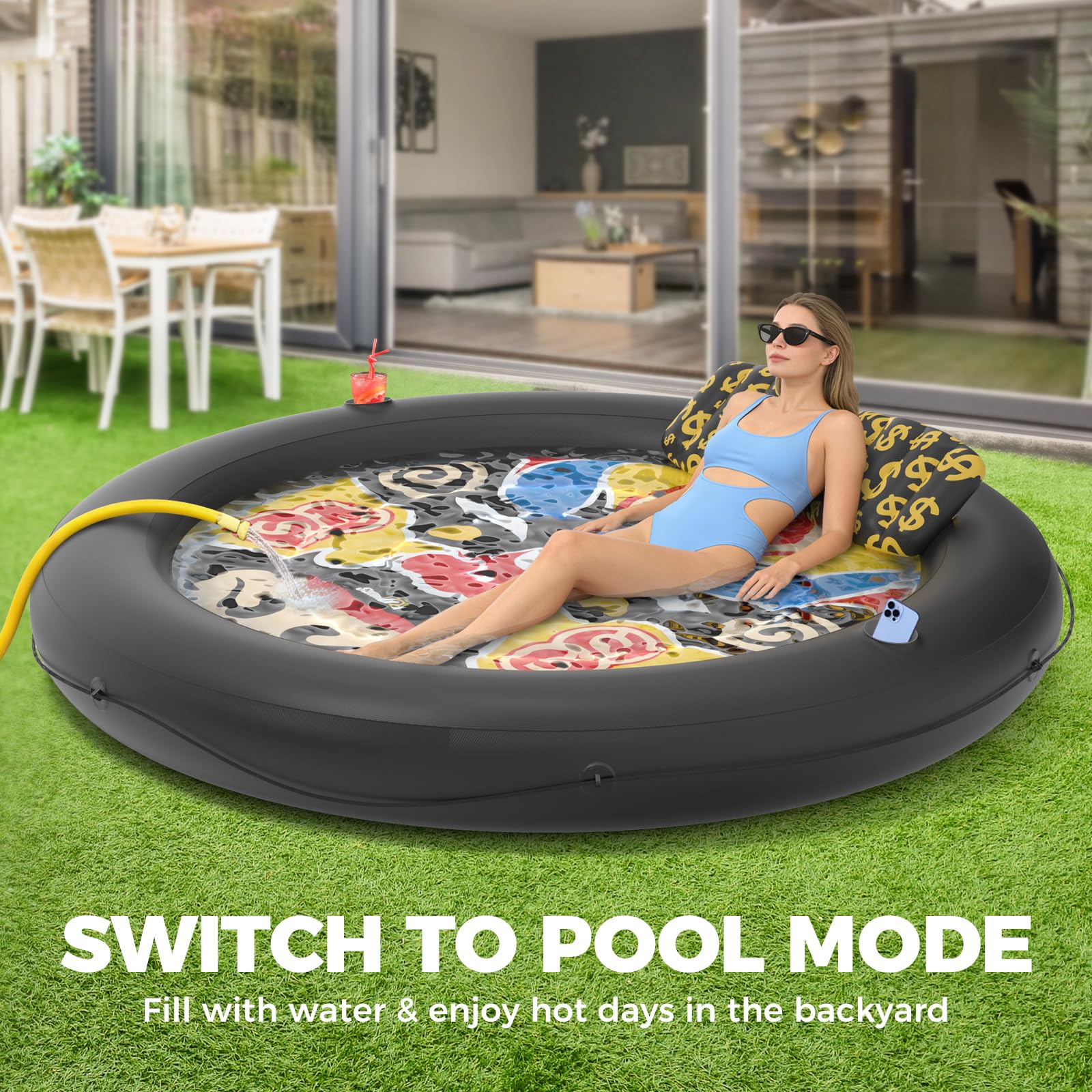 Sunikko X 73"x73" Inflatable Tanning Pool Floats Lounger Bed for Adults, Lucky Design XL Round Blow Up Pool Raft with Cup Holders, Pillow, 500lb