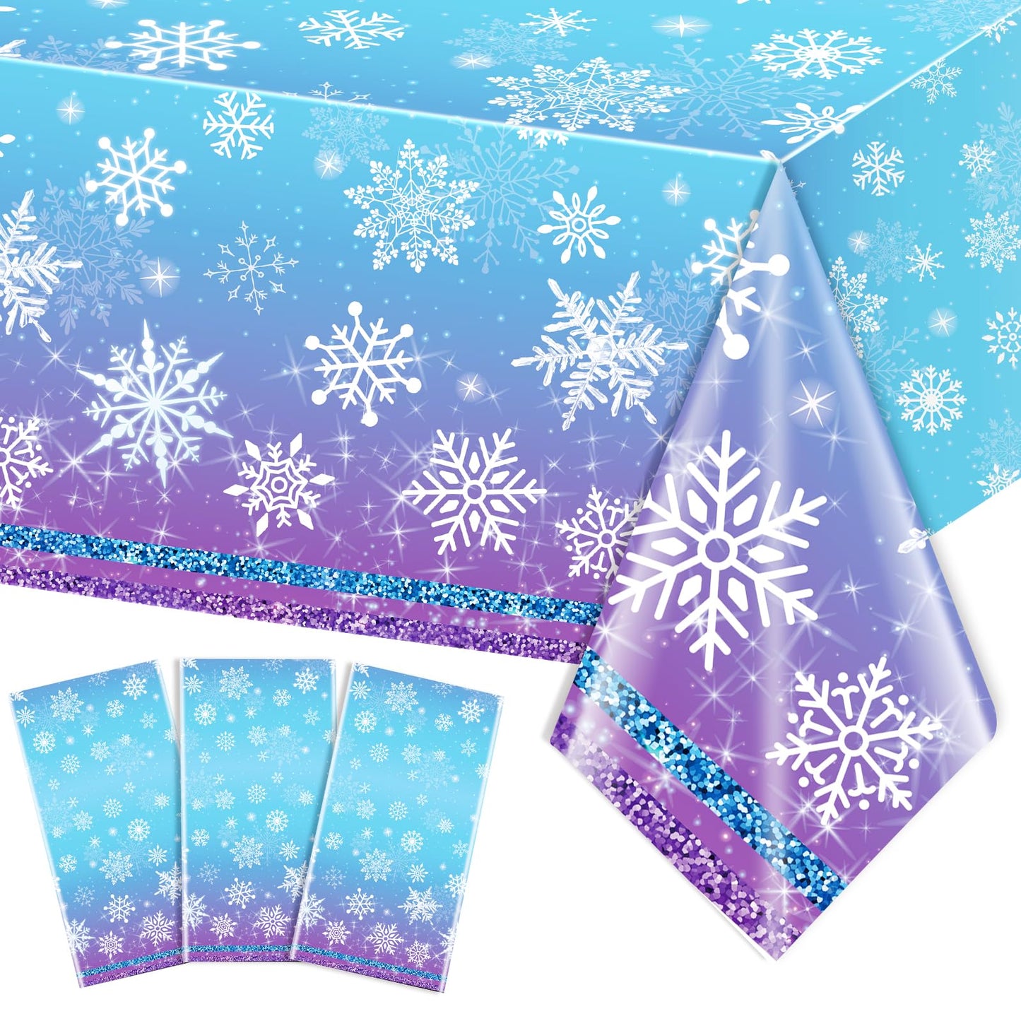 JQSSHXB 3Pcs Winter Snowflake Tablecloth, Frozen Wonderland Plastic Table Cloth, Blue and Purple Snowflake Winter Wonderland Disposable Table Cover