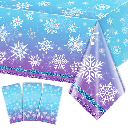 JQSSHXB 3Pcs Winter Snowflake Tablecloth, Frozen Wonderland Plastic Table Cloth, Blue and Purple Snowflake Winter Wonderland Disposable Table Cover