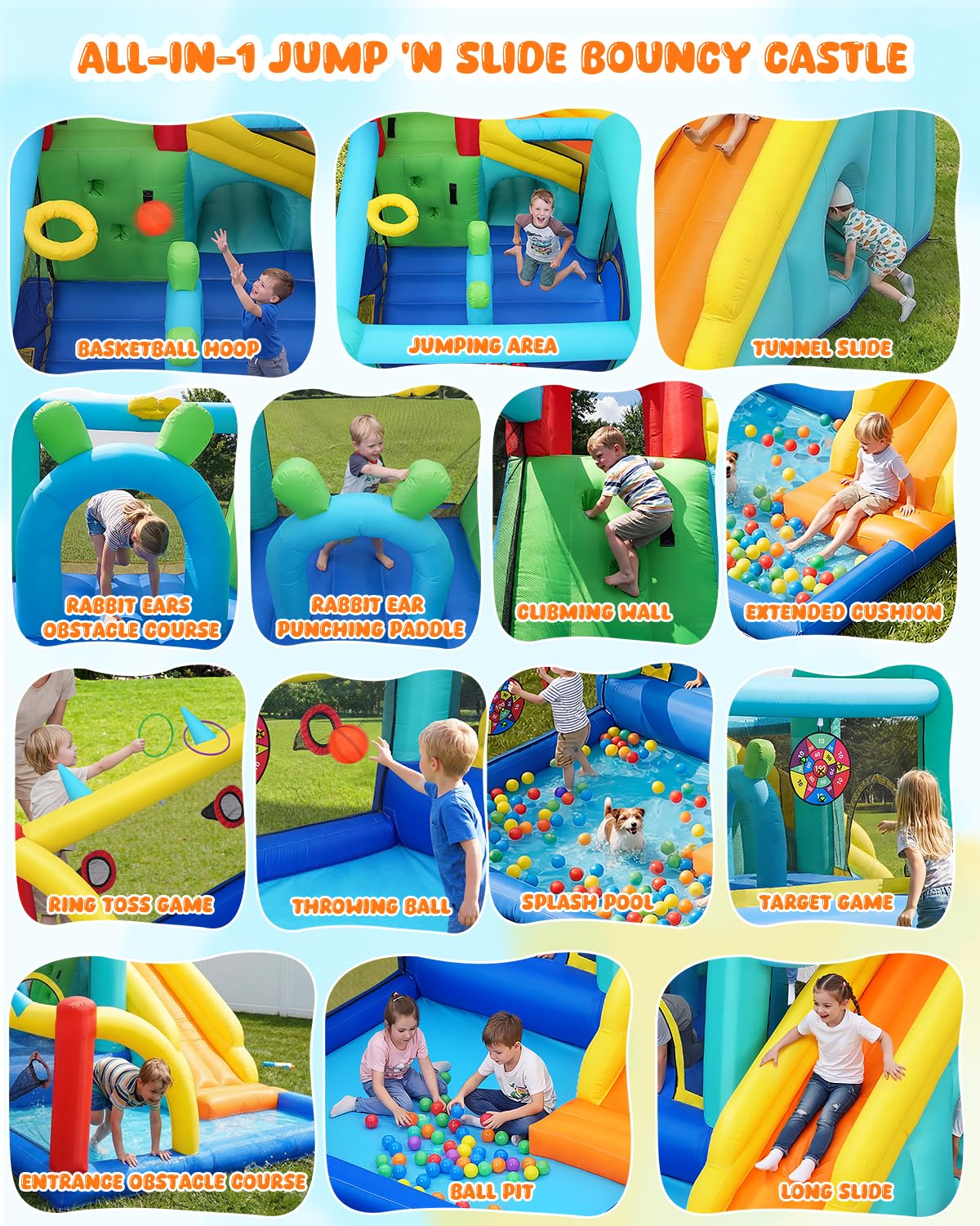 Whubefy 14-in-1 Bounce House for Kids with Ball Pit & Rabbit Ears Obstacle
