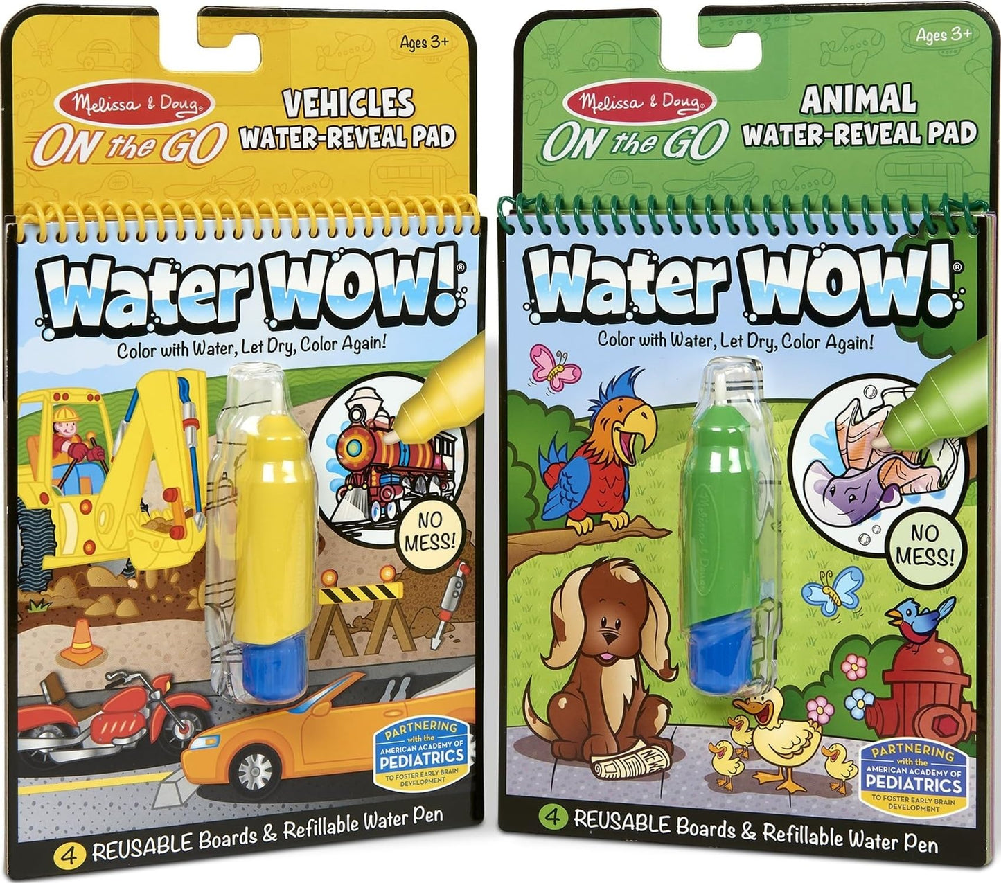 Melissa & Doug Water Wow! Reusable Water-Reveal Activity Pad 2-Pack - Vehicles, Animals Travel Toys, Party Favors, Mess Free Coloring Books for Kids