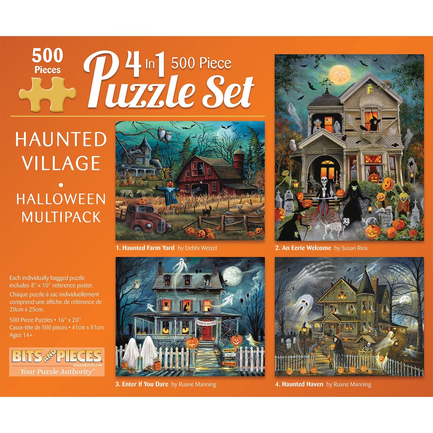 Bits and Pieces 4 Jigsaw Puzzle Set 500 Piece Puzzles for Adults, 4-in-1 Halloween Puzzles Set - Large 16" x 20" Jigsaw Puzzles 500 Pieces - Haunted