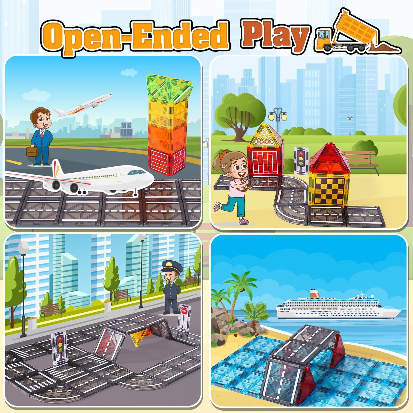 Magnetic Tiles Kids Construction Toys - Road Set with Magnet Crane for Boys Age 3-5 4-8 8-10, Magnet Building Blocks Expansion Pack Toy Car Track