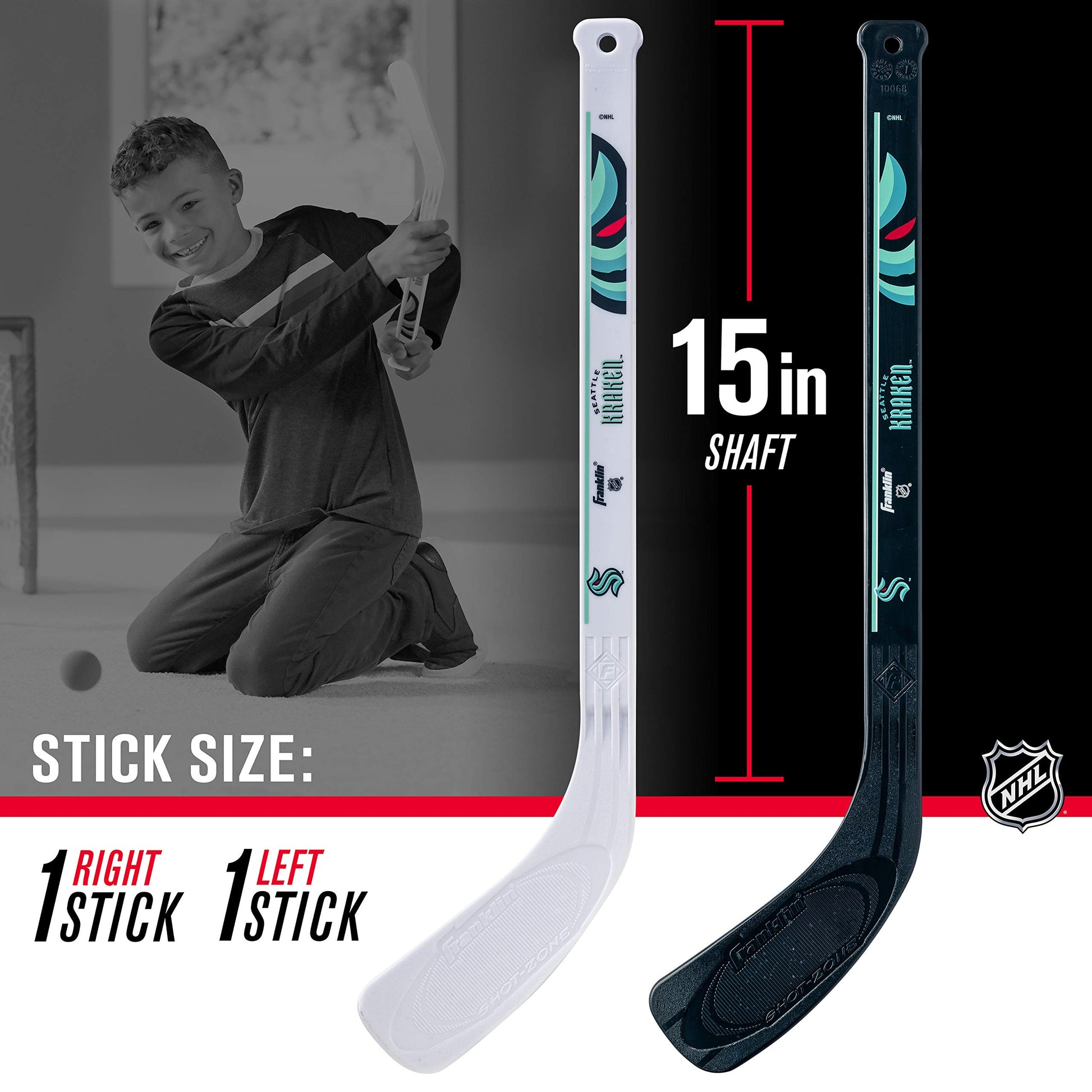 Franklin Sports Seattle Kraken NHL Mini Hockey Stick Set - NHL Team Knee Hockey Stick and Ball Set - Two Player Stick Set - Great Toy for Kids