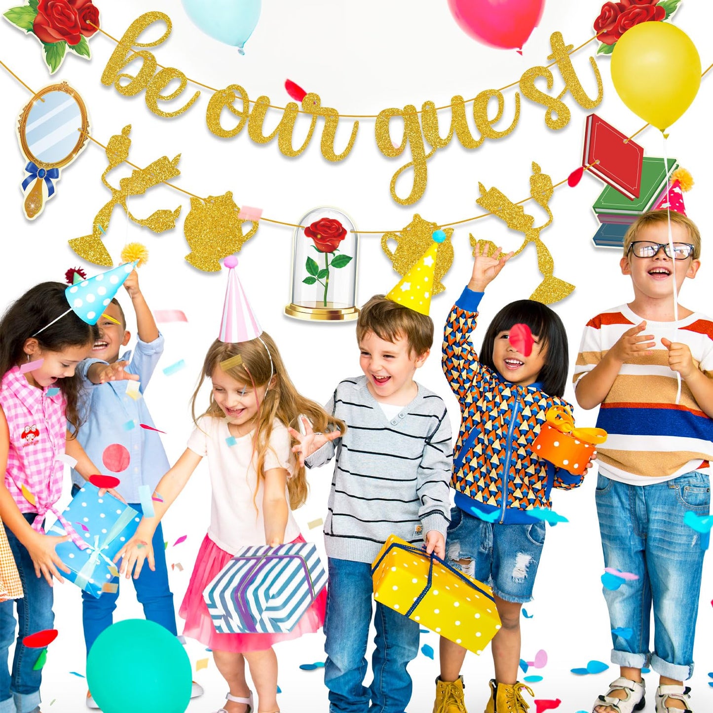 QAMEGX Gold Be Our Guest Banner, Glitter Cartoon Princess Birthday banner Cartoon Theme Party Banner Baby Shower Birthday Party Decorations For Girls