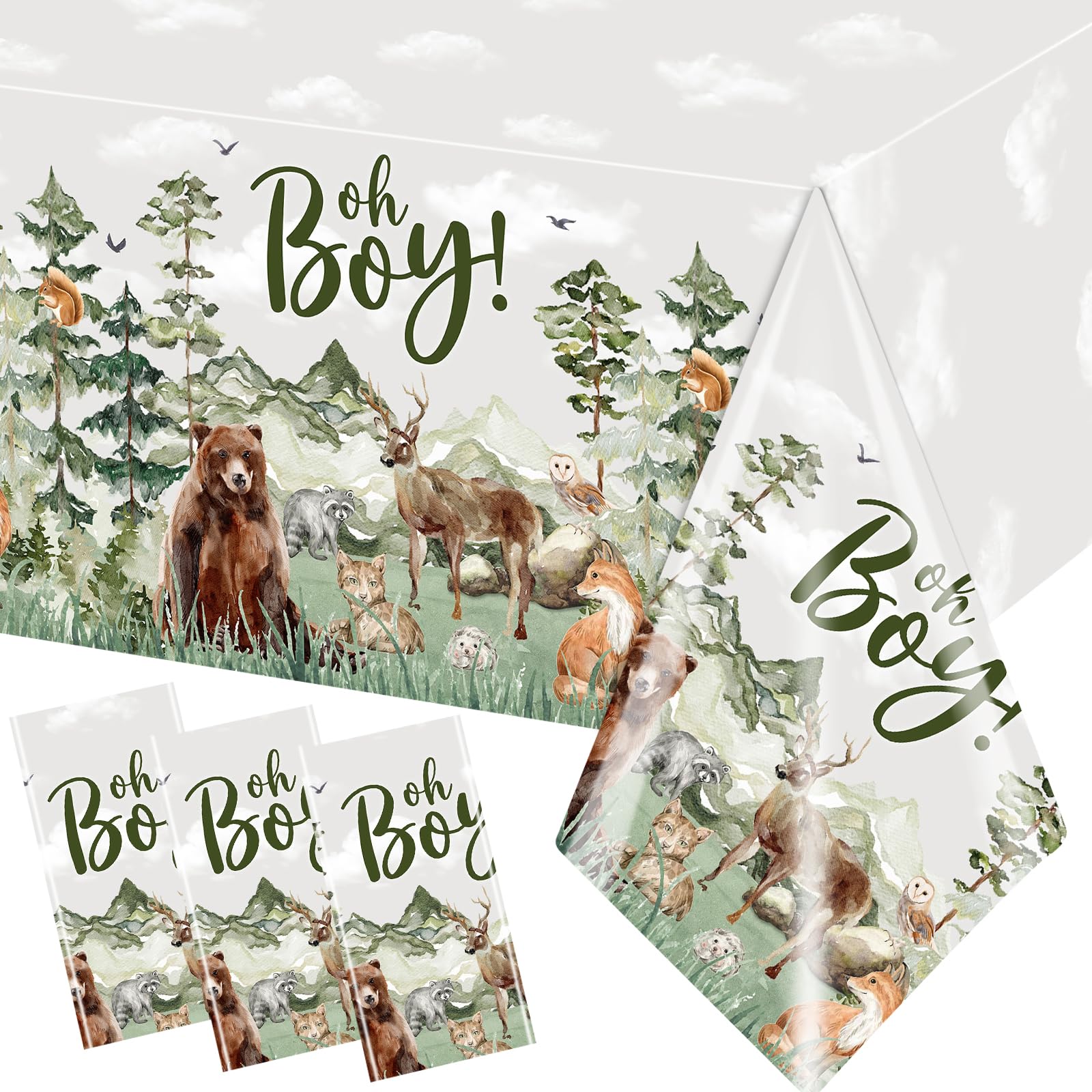 Gumwaqu Adventure Baby Shower Tablecloth,Let The Adventure Begin Supplies 3pcs Oh Boy Waterproof Woodland Forest Table Covers for Mountain Wilderness