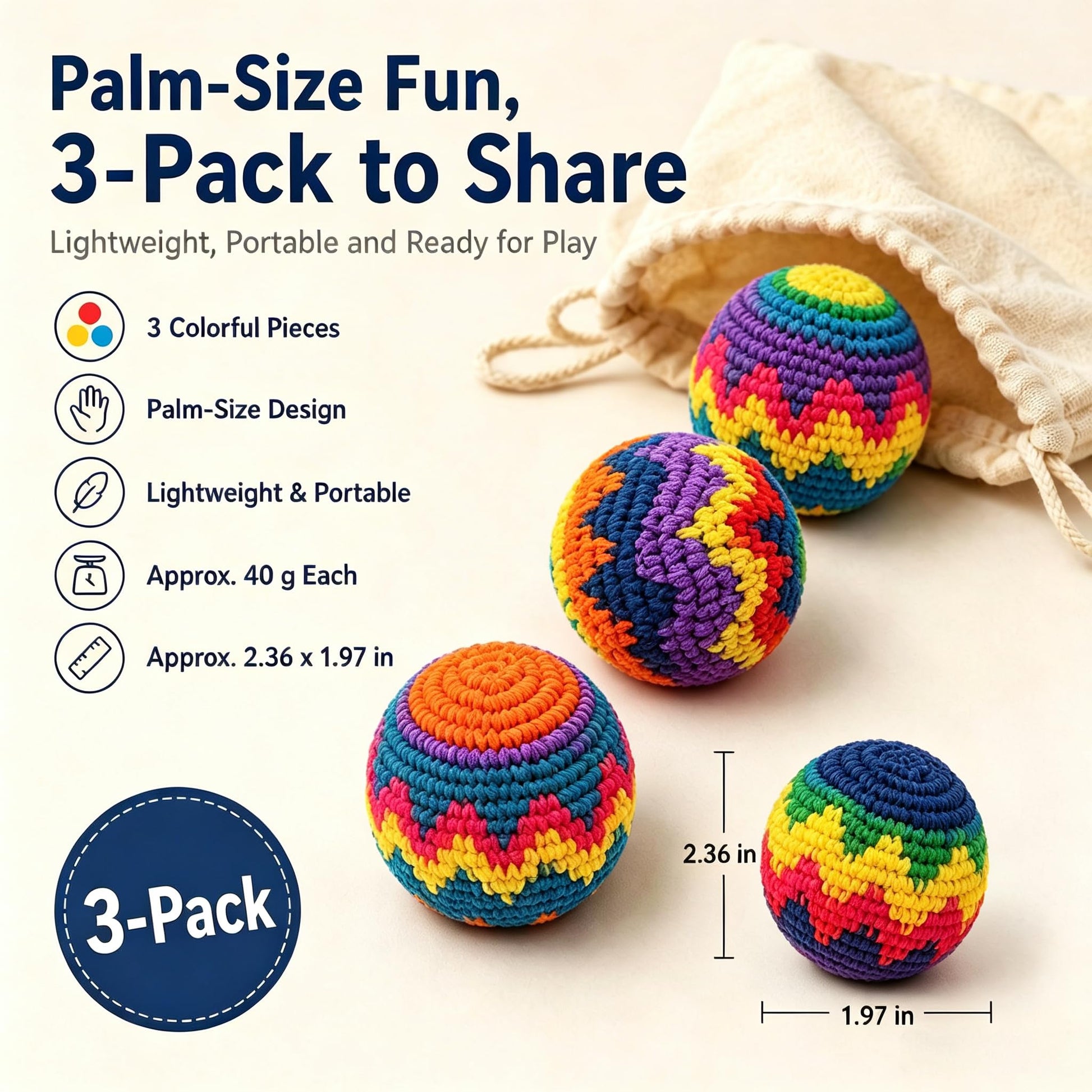 3 Pack Handmade Knitted Footbags, Hacky Kick Sack Balls for Adults