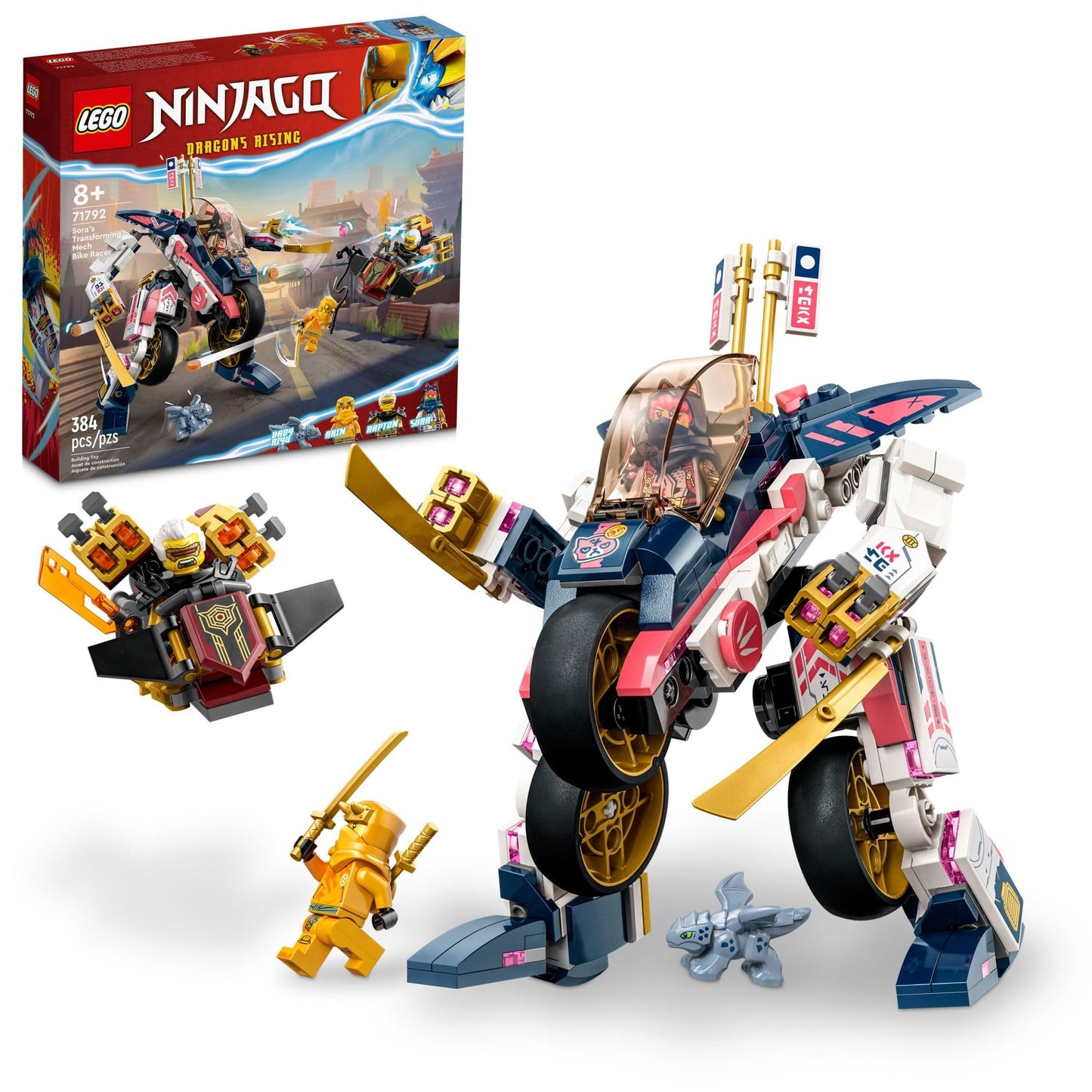 LEGO NINJAGO Sora’s Transforming Mech Bike Racer Building Toys for Kids, Featuring a Mech Ninja Bike Racer, a Baby Dragon and 3 Minifigures, Gift for