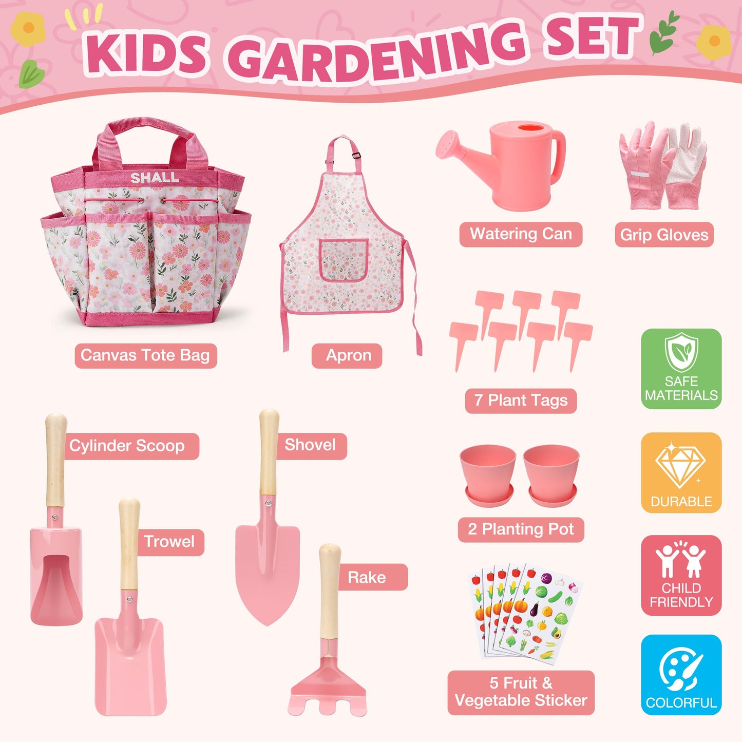 SHALL Kids Gardening Set, New Garden Tools Kit for Kids Toddler Boys Girls