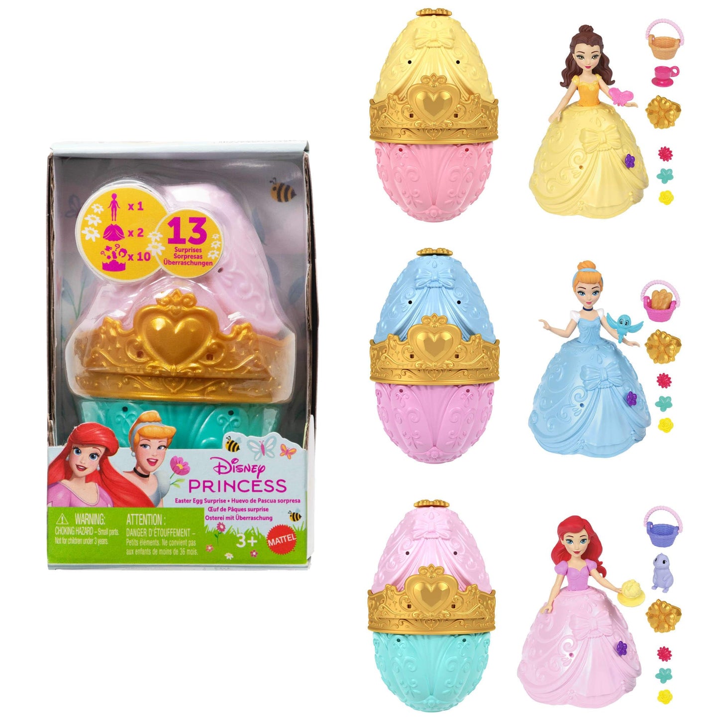 Mattel Disney Princess Toys, Small Doll Easter Egg Surprise with 1 Princess, 2 Skirts & 10 Play Accessories (Styles May Vary), Inspired by Movies