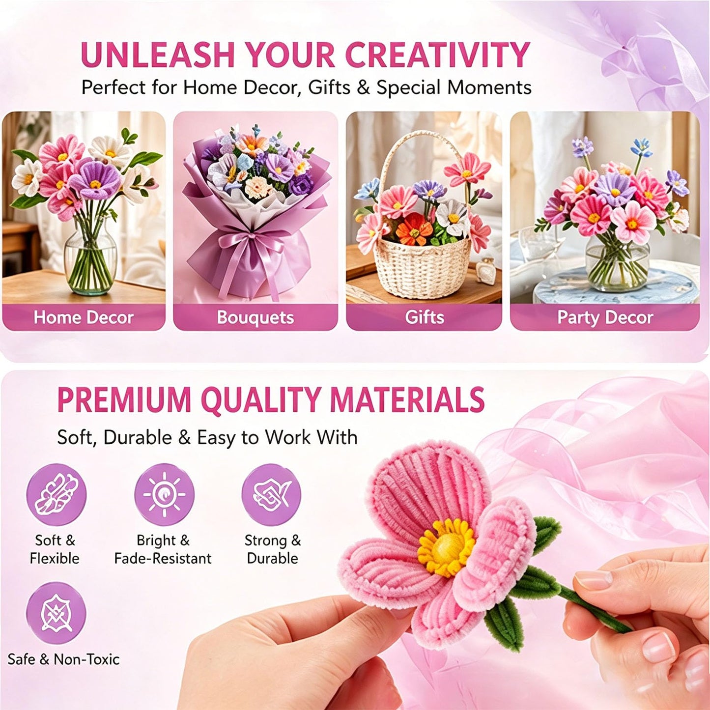 600 Pcs Pipe Cleaners Craft Kit, 12 Colors Pipe Cleaners Bulk for DIY Crafts, Beginner-Friendly Chenille Stems with Video Tutorial, Complete Pipe