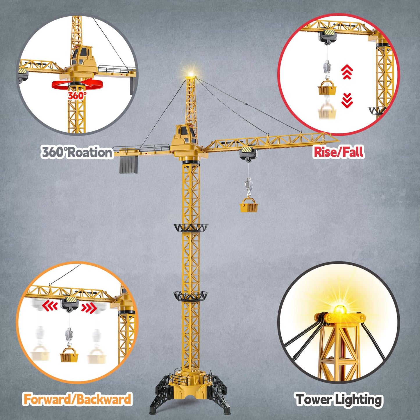 Mini Tudou 6 Channel Infinite Rotation Remote Control Tower Crane Toy 50.4 inch 2.4GHz RC Construction Toy Lift Model with Tower Light & Sound