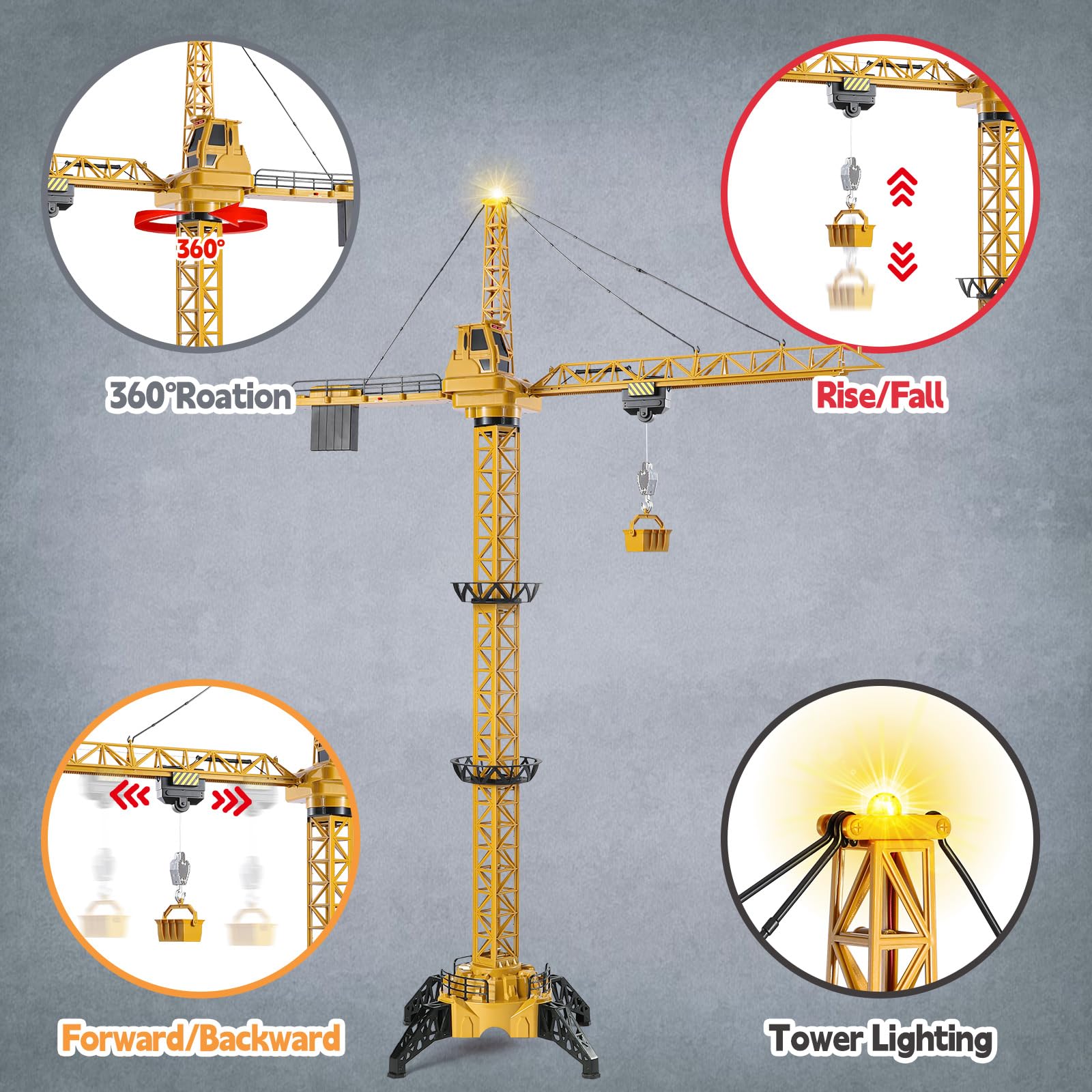 Mini Tudou 6 Channel Infinite Rotation Remote Control Tower Crane Toy 50.4 inch 2.4GHz RC Construction Toy Lift Model with Tower Light & Sound