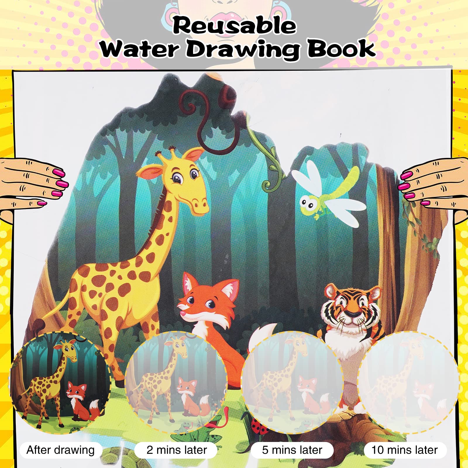 AIR BLOW Water Coloring Books for Toddlers, Water Painting Book with Water Pen, Mess-Free Coloring Book, Reusable Portable Educational Toys,