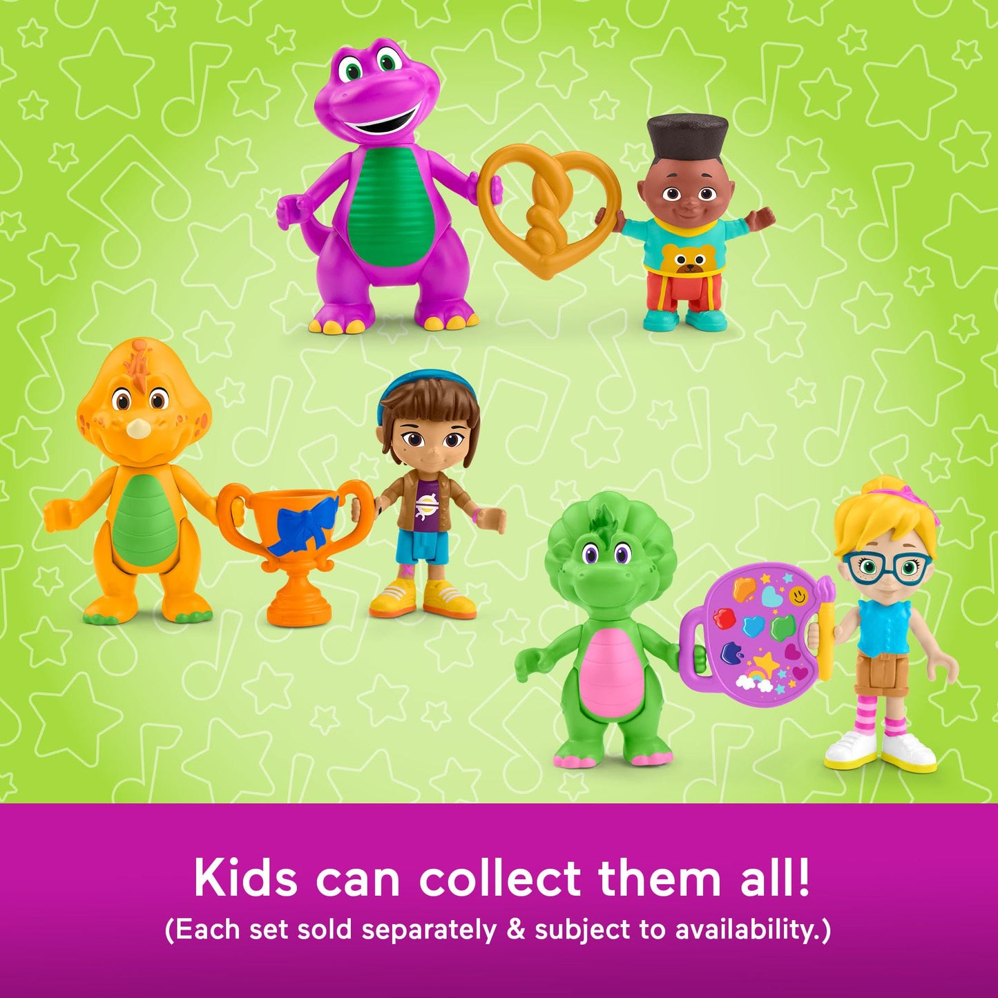 Fisher-Price Barney’s World Preschool Toy Barney’s Friend Mel & Billy Dino 3-Piece Figure Set for Pretend Play Kids Ages 3+ Years