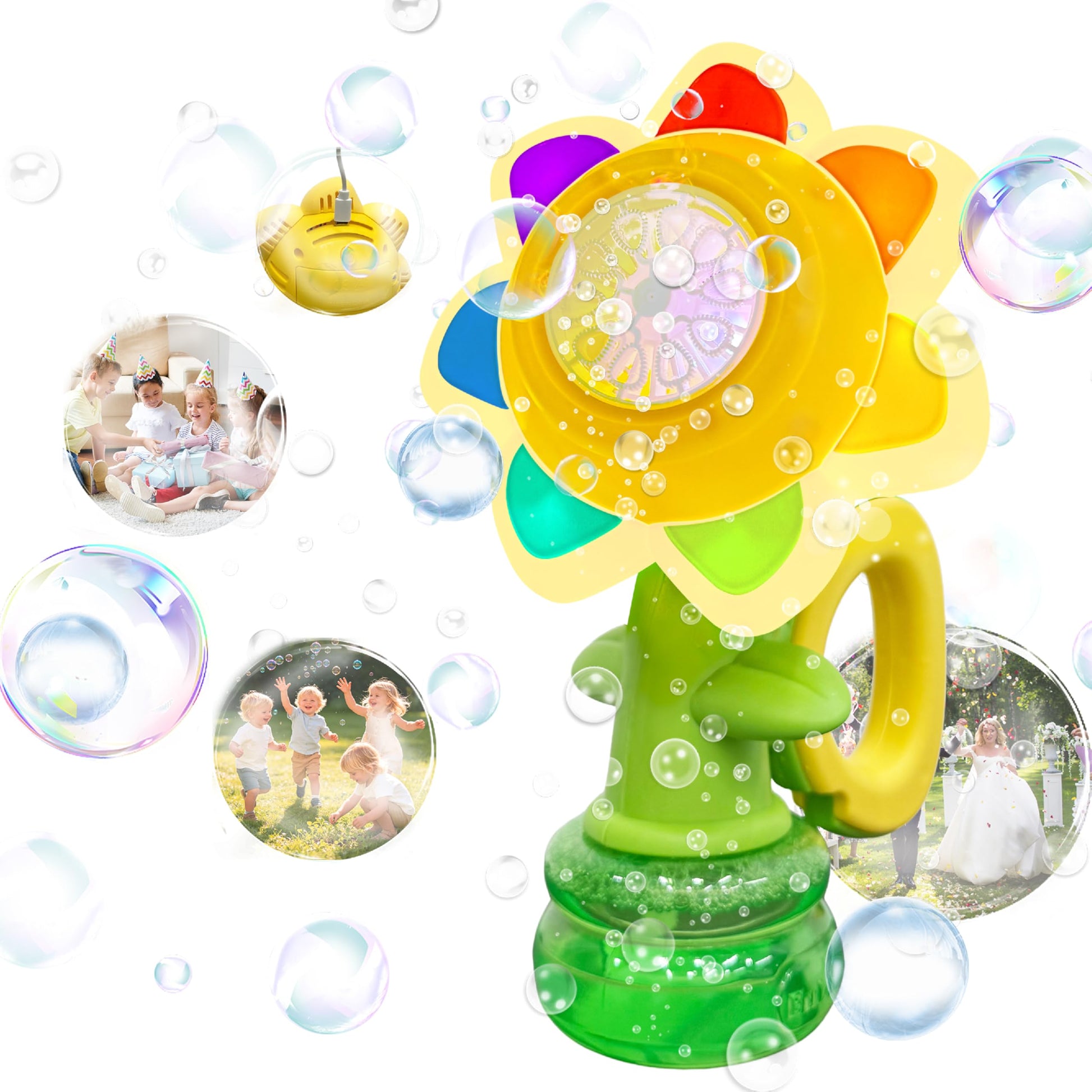 ChainnForces Flower Bubble Machine for Kids, Rechargeable Sunflower Bubble Maker with Lights, Portable Automatic Bubble Blower Toy for Toddlers