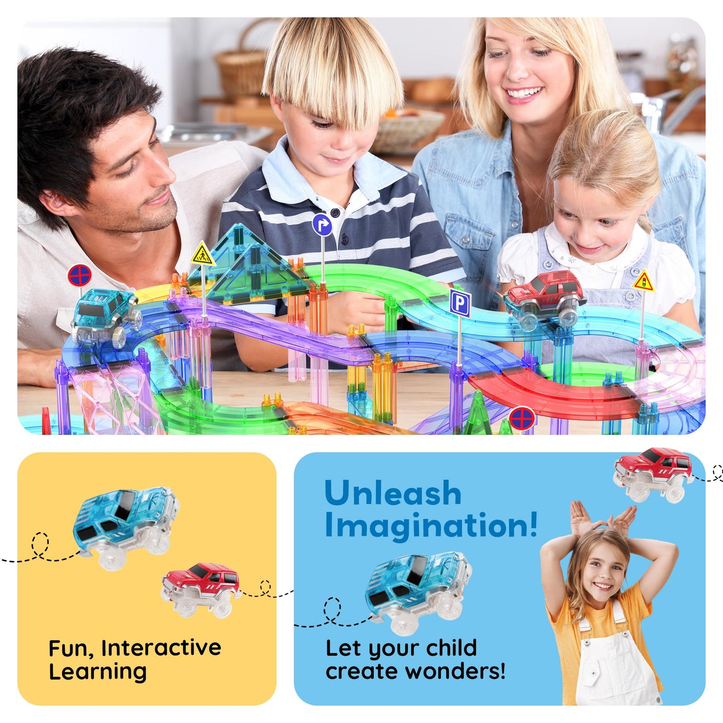 PicassoTiles 150 Piece Race Car Track Building Block Educational Toy Set Magnet Tile Magnetic Blocks Playset 4 Cars Early STEM Learning Construction