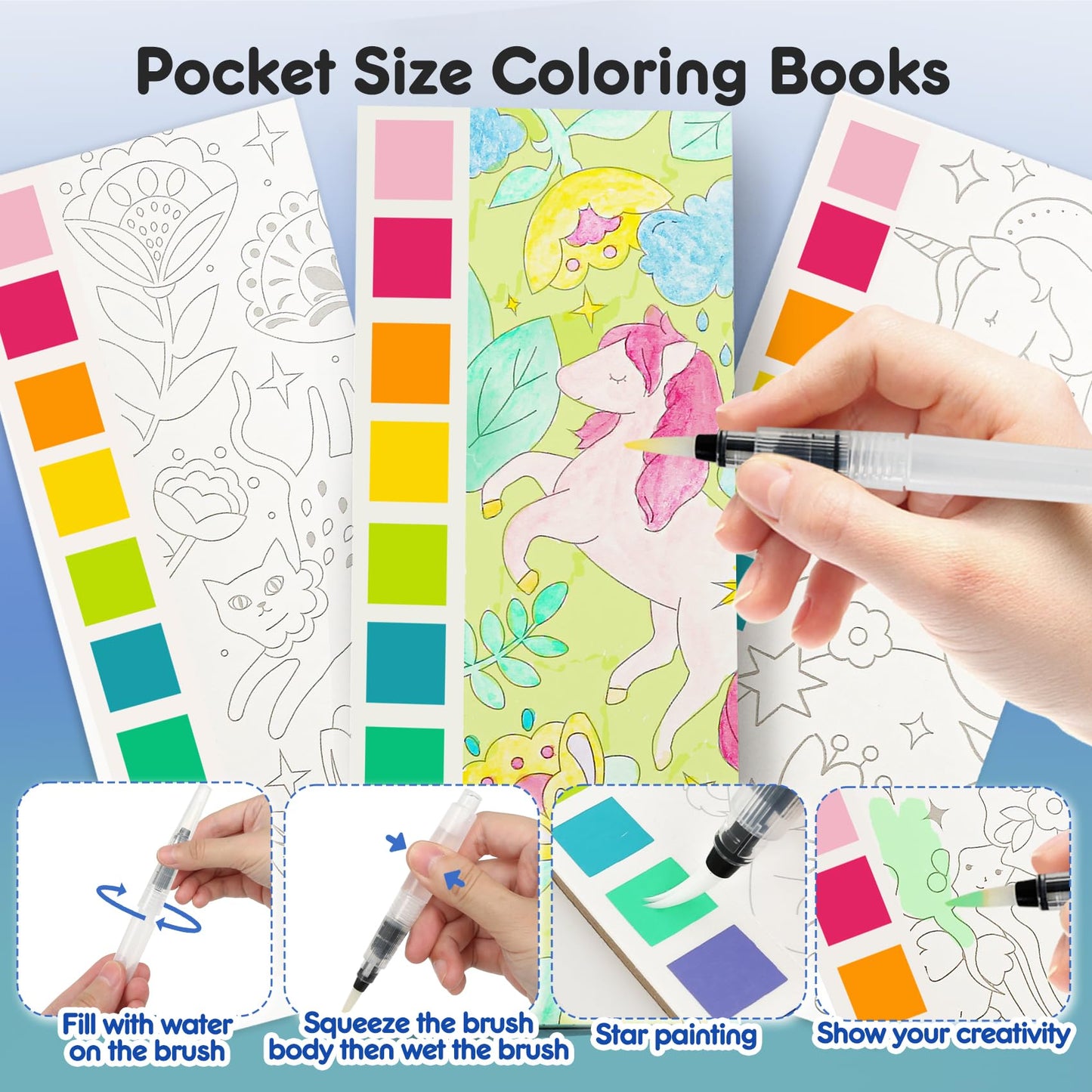 3pack Watercolor Painting Coloring Books, Paint with Water Arts & Crafts Kit for Kids, Pocket Watercolor Paint Bookmarks, Class Activities Art