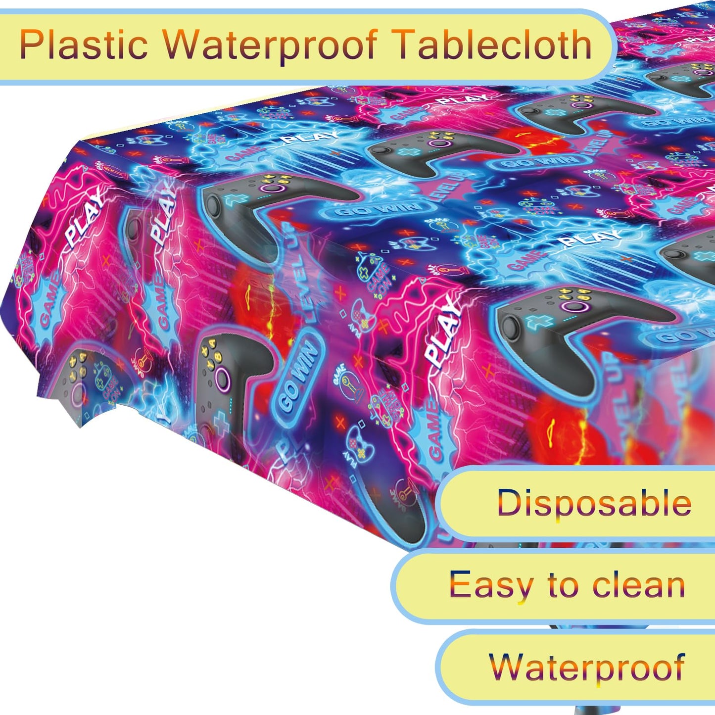 Idealmuzik 3pcs Video Game Tablecloth, Game Theme Birthday Decorations Supplies, Plastic Tablecloth, Rectangular Racetrack Tablecloth, Gamer