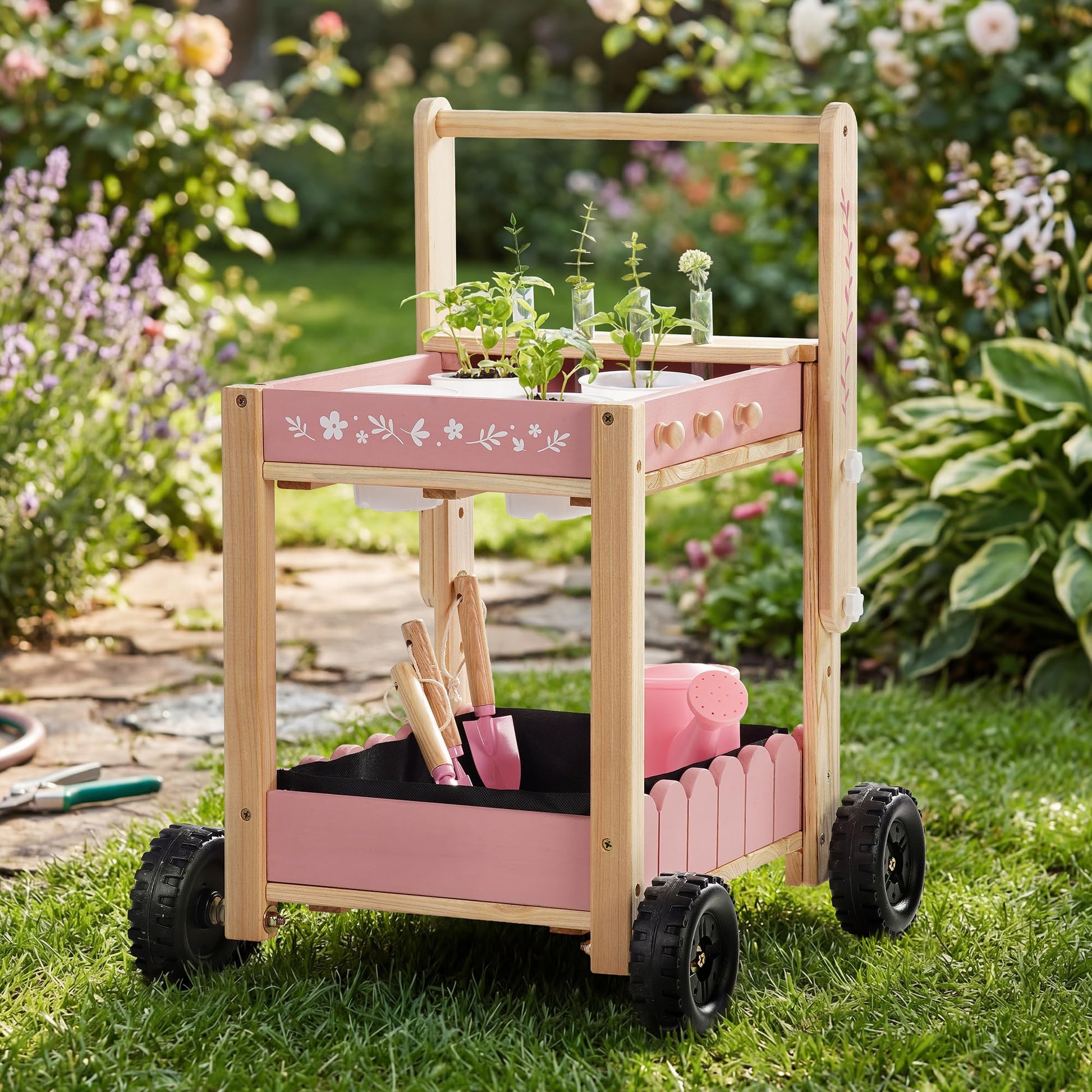 ROBOTIME Kids Gardening Tools with Cart Wheelbarrow - Wooden Outdoor Garden Toys Set with Watering Can, Shovel, Hand Rake & Plant Labels, Outdoor