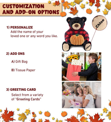 DolliBu Super Soft Plush Black Bear with Red Plaid Hoodie Stuffed Animal with Pumpkin Decor - Plush Animal for Fall, Halloween and Thanksgiving