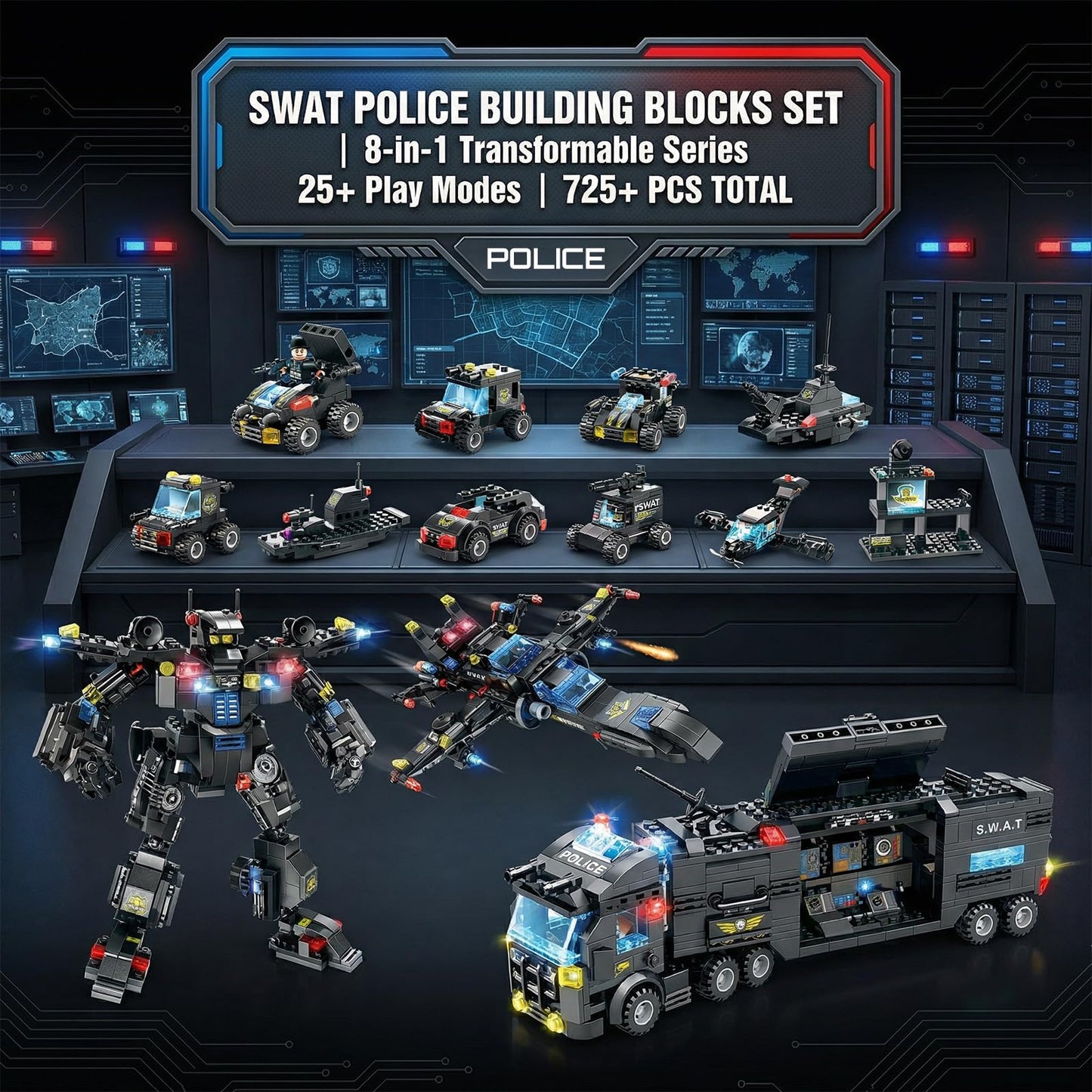 FNSJFYZS SWAT Police Building Blocks, 725 PCS Transforming Robot & Emergency Vehicle Construction Set, Mobile Command Truck, Modular Military Kit