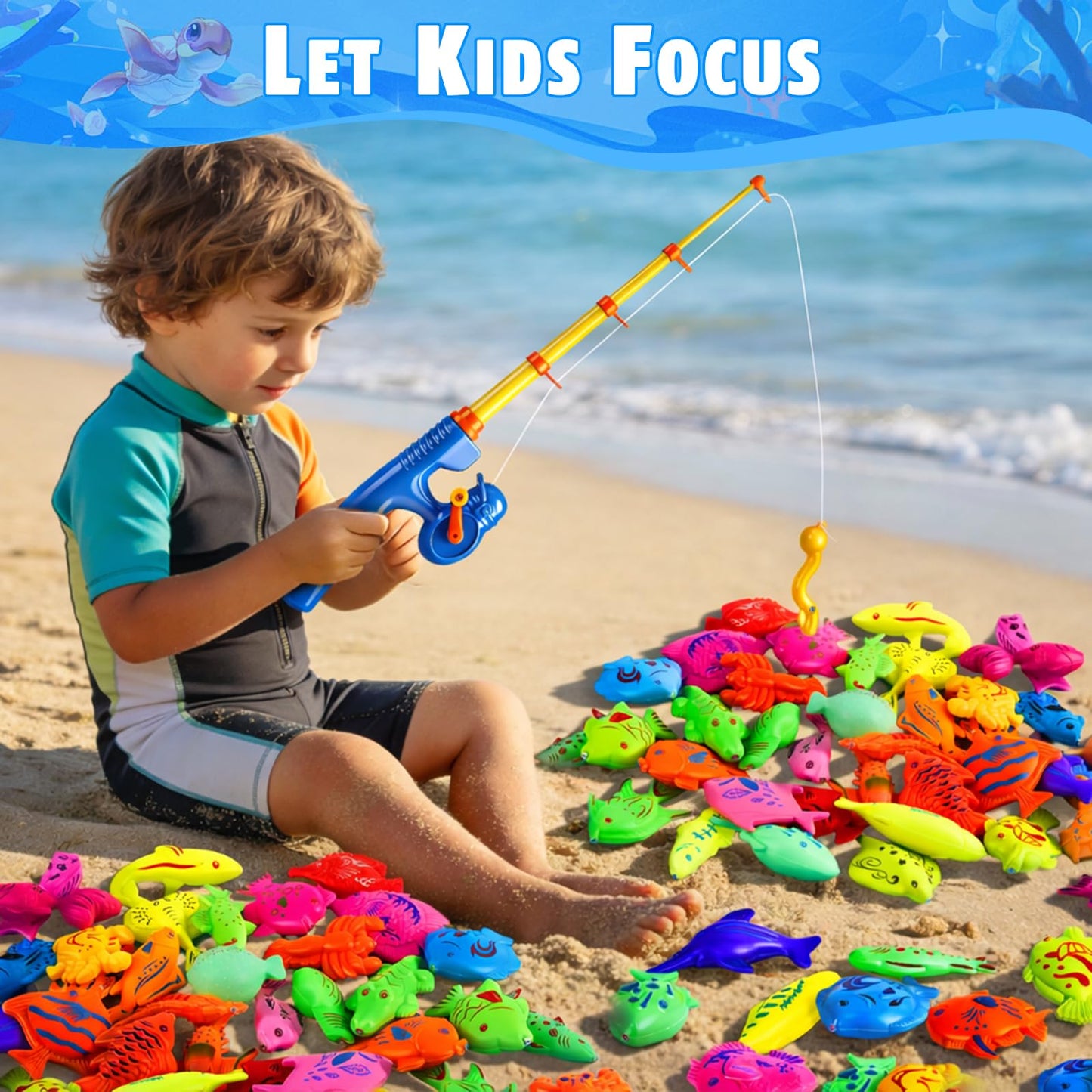CozyBomB™ Magnetic Fishing Toys Game Set for Kids | Water Table Bathtub Kiddie Pool Party Pole Rod Net, Outdoor Plastic Floating Fish, Toddler Bath