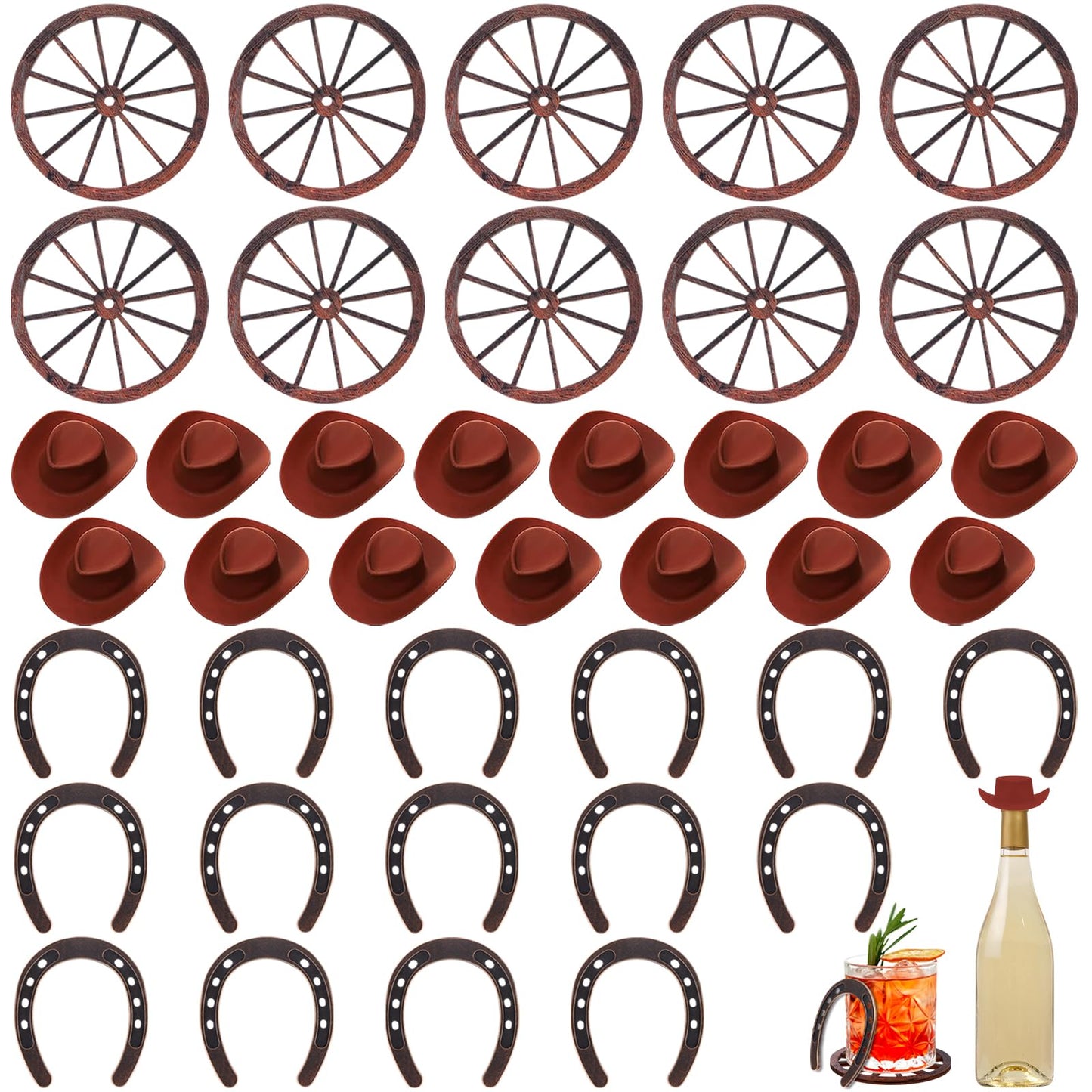 FIONUPI 40 PCS Western Themed Party Decorations Mini Horseshoes Cowboy Hats Wagon Wheels Retro Table Centerpieces for Cowboy Cowgirls Wedding Birthday