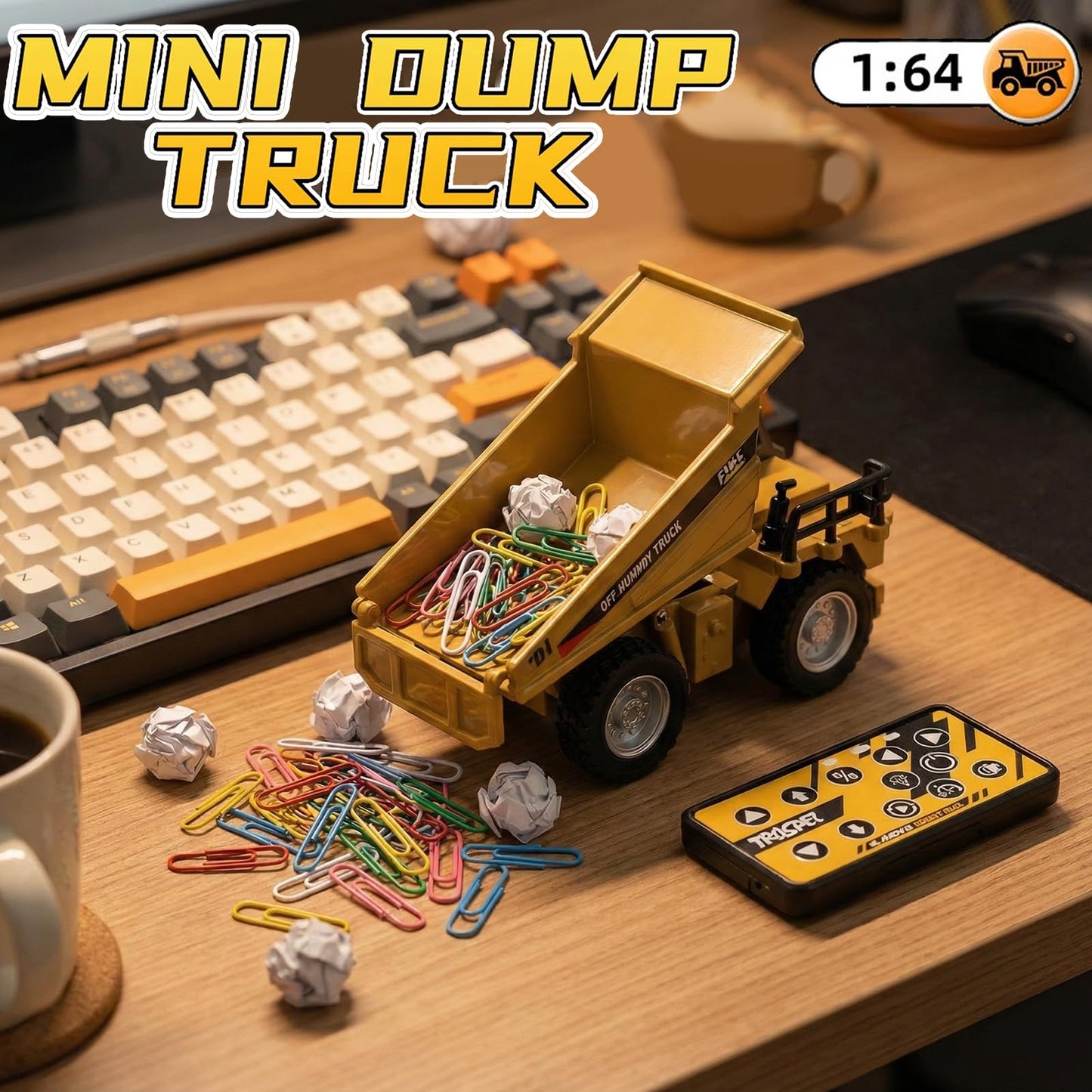PLIXYRCPL 1:64 Mini RC Dump Truck Toy, Alloy Metal Construction Vehicle with App & Remote Dual Control, Variable Speed, LED Lights & Sound, RC