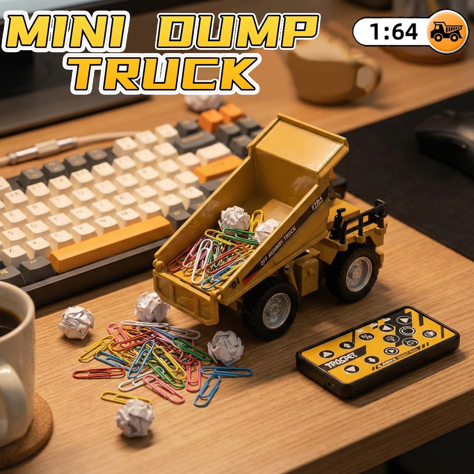 PLIXYRCPL 1:64 Mini RC Dump Truck Toy, Alloy Metal Construction Vehicle with App & Remote Dual Control, Variable Speed, LED Lights & Sound, RC