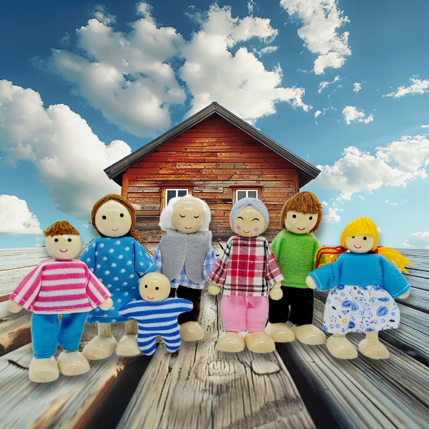HYSTYLE 7 Pack Wooden Dollhouse Family Dolls Pretend Play Figures, Family Role Play Pretend Play People Figures