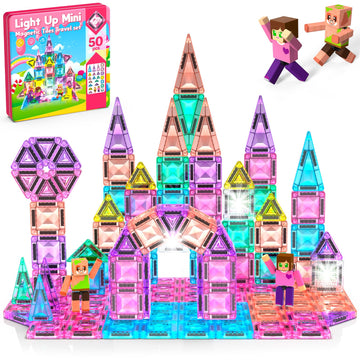 Mini Magnetic Tiles with 2 Little Action People, Light Up Travel Tiles with Magnetic Action Figures for Princess Castle, Micro Magnet Portable Toys