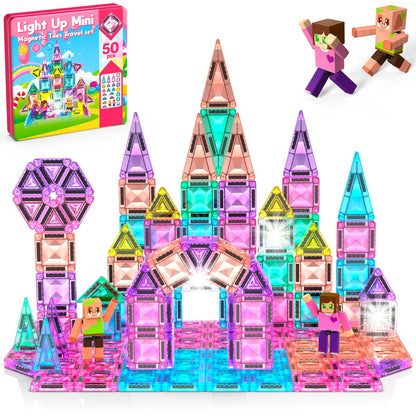 Mini Magnetic Tiles with 2 Little Action People, Light Up Travel Tiles with Magnetic Action Figures for Princess Castle, Micro Magnet Portable Toys