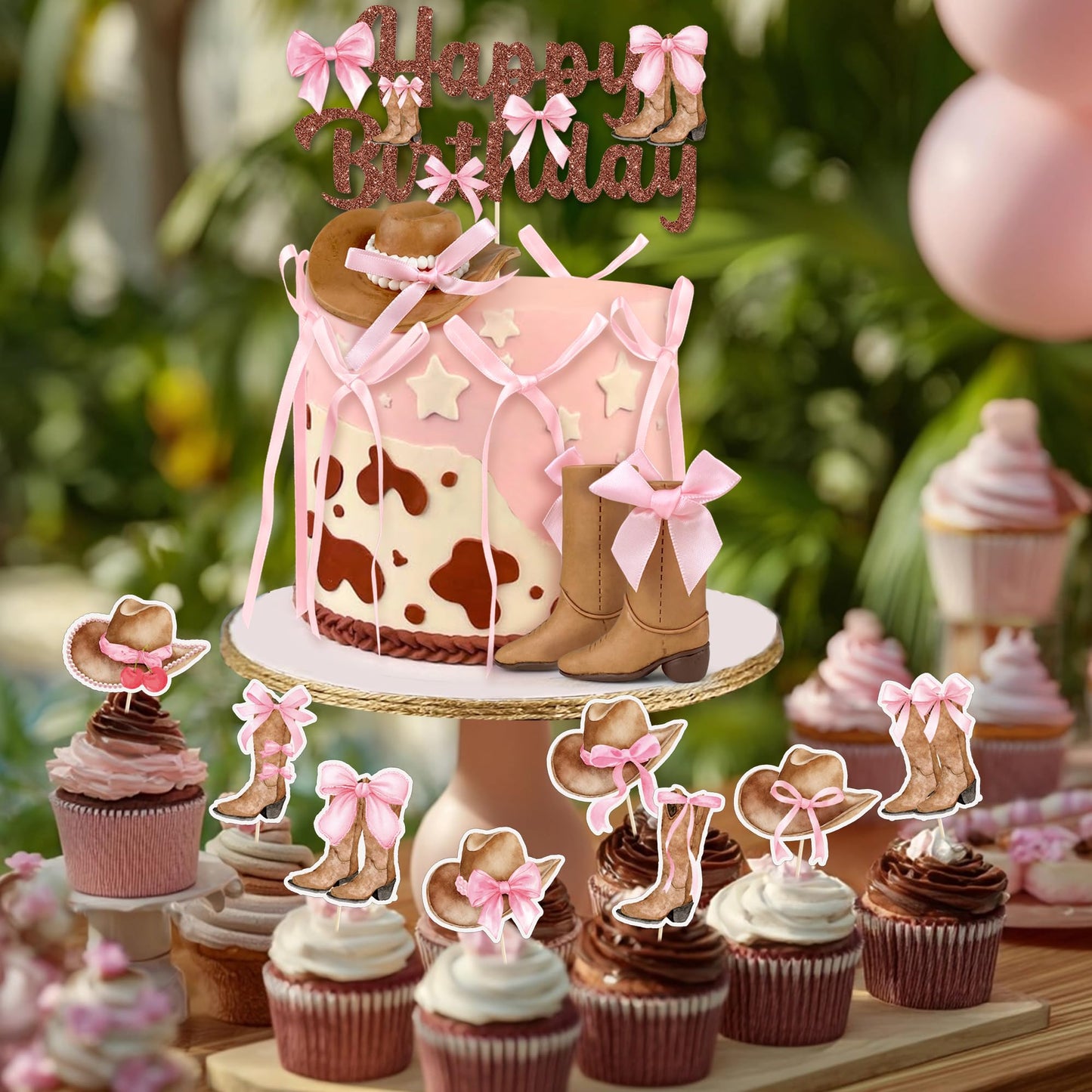 26 PCS Cowgirl Bows Cake Decorations Hat and Boot Cake Toppers for Western Theme Birthday Baby Shower Cowgirl Party Supplies (Classic)