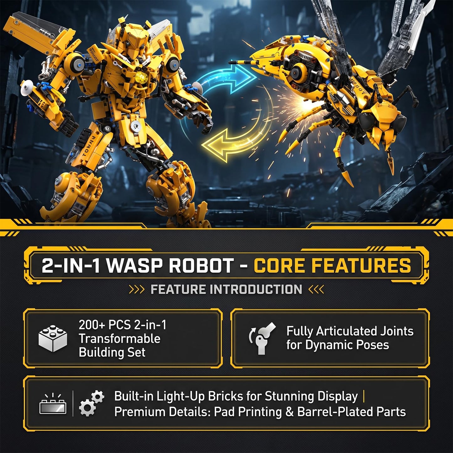 Myth Qholve 2 in 1 Wasp Robot Building Set Transforming Mecha Model Kit with Light-Up Core, Large Sci-Fi Mechanical Insect Display Figure, Advanced