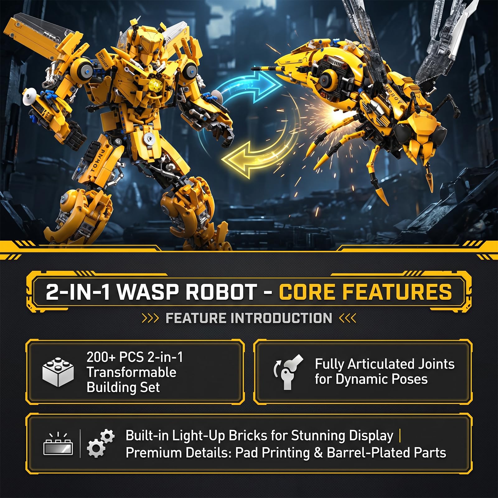 Myth Qholve 2 in 1 Wasp Robot Building Set Transforming Mecha Model Kit with Light-Up Core, Large Sci-Fi Mechanical Insect Display Figure, Advanced