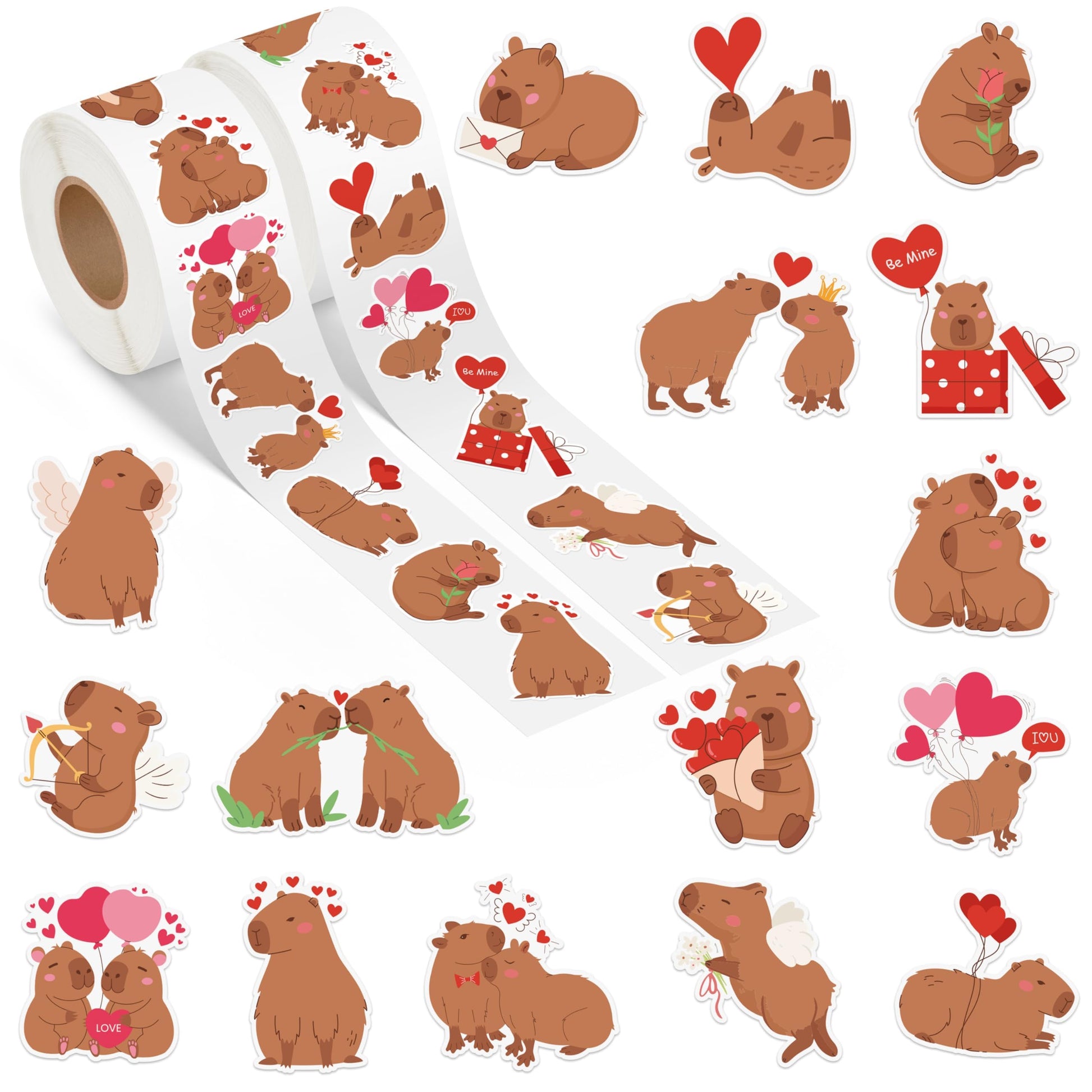 DSjuedui Romantic Capy Sticker Rolls - 2000Pcs Cute Capy with Hearts Self Adhesive Stickers for Kids, Kawaii Cartoon Animals Waterproof Decals