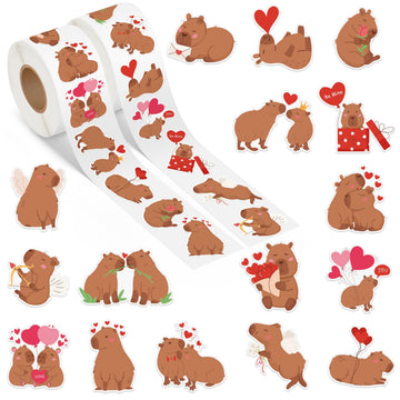 DSjuedui Romantic Capy Sticker Rolls - 2000Pcs Cute Capy with Hearts Self Adhesive Stickers for Kids, Kawaii Cartoon Animals Waterproof Decals