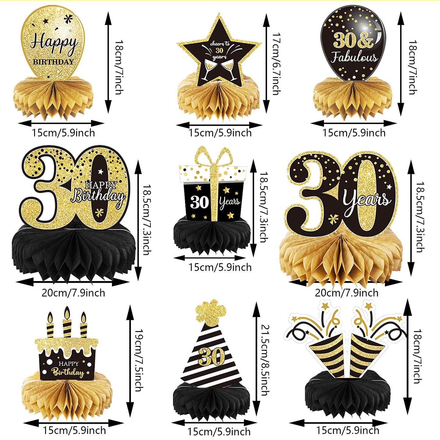 9 Pieces 30th Birthday Decoration 30 th Birthday Centerpieces for Tables Decorations Cheers to 30 Years Honeycomb Table Topper for Men and Women