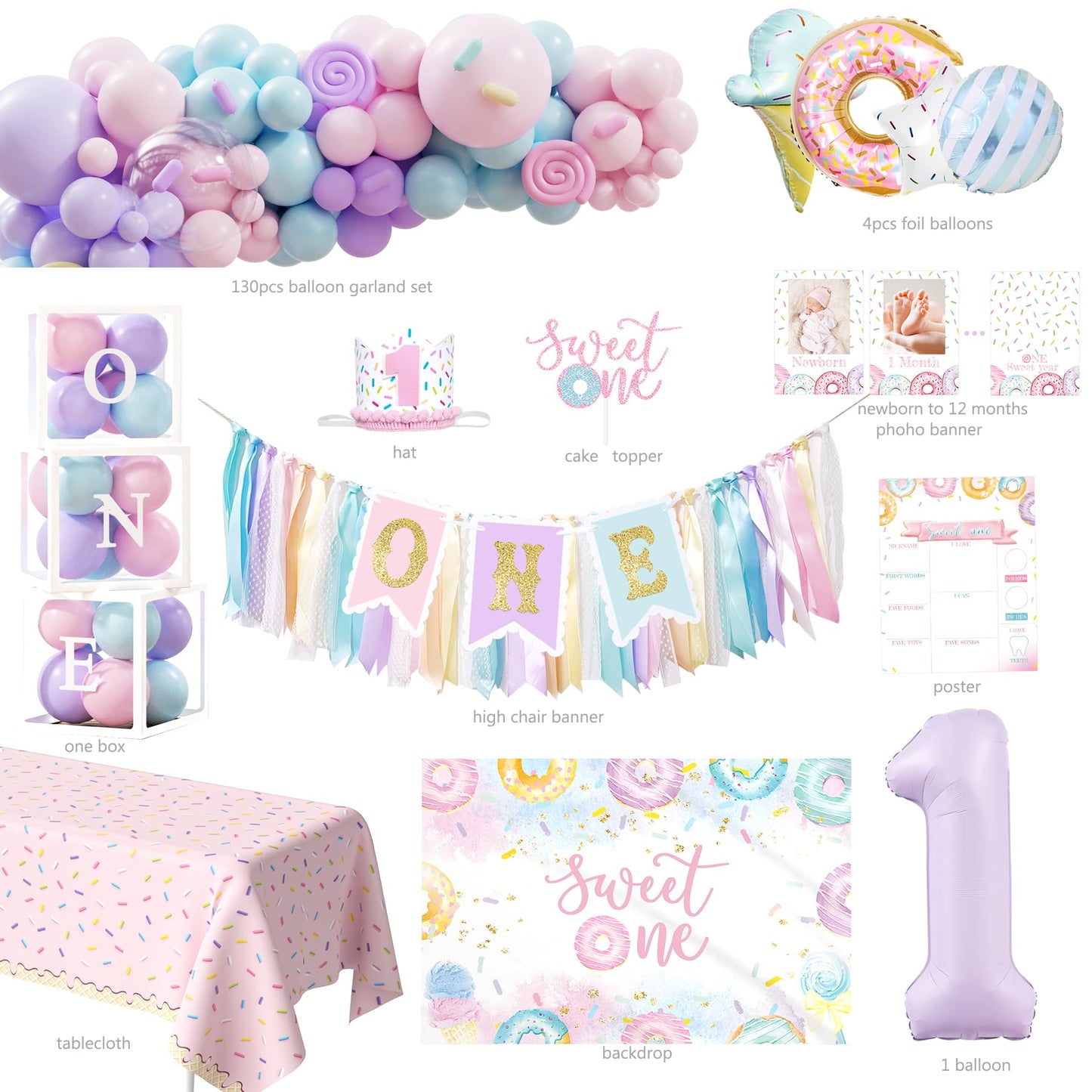 1st Birthday Decorations for Girl, 145pcs Sweet One Birthday Party Decorations Supplies, Donut 1st Birthday- Decoration Girl, Ice Cream Candy First