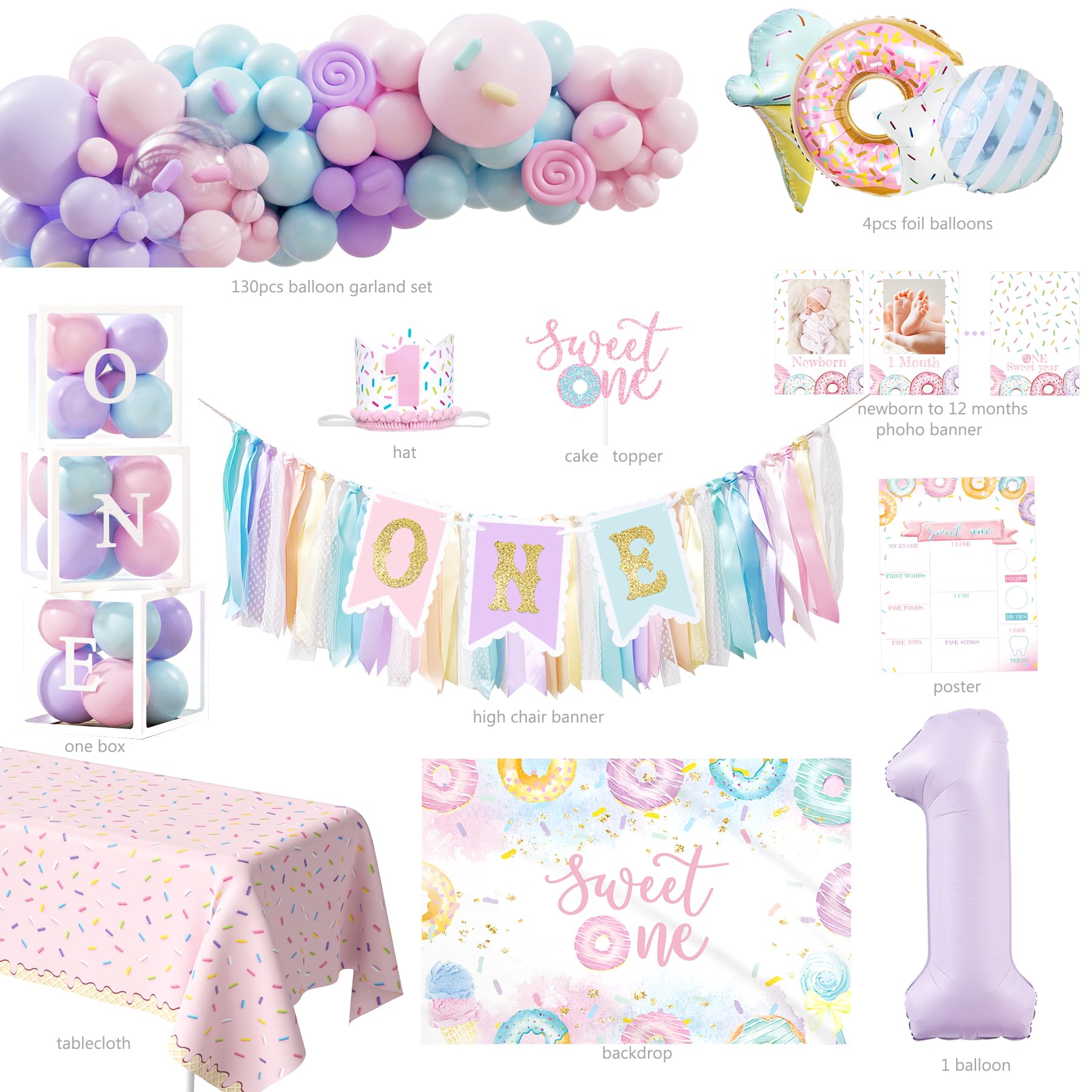 1st Birthday Decorations for Girl, 145pcs Sweet One Birthday Party Decorations Supplies, Donut 1st Birthday- Decoration Girl, Ice Cream Candy First