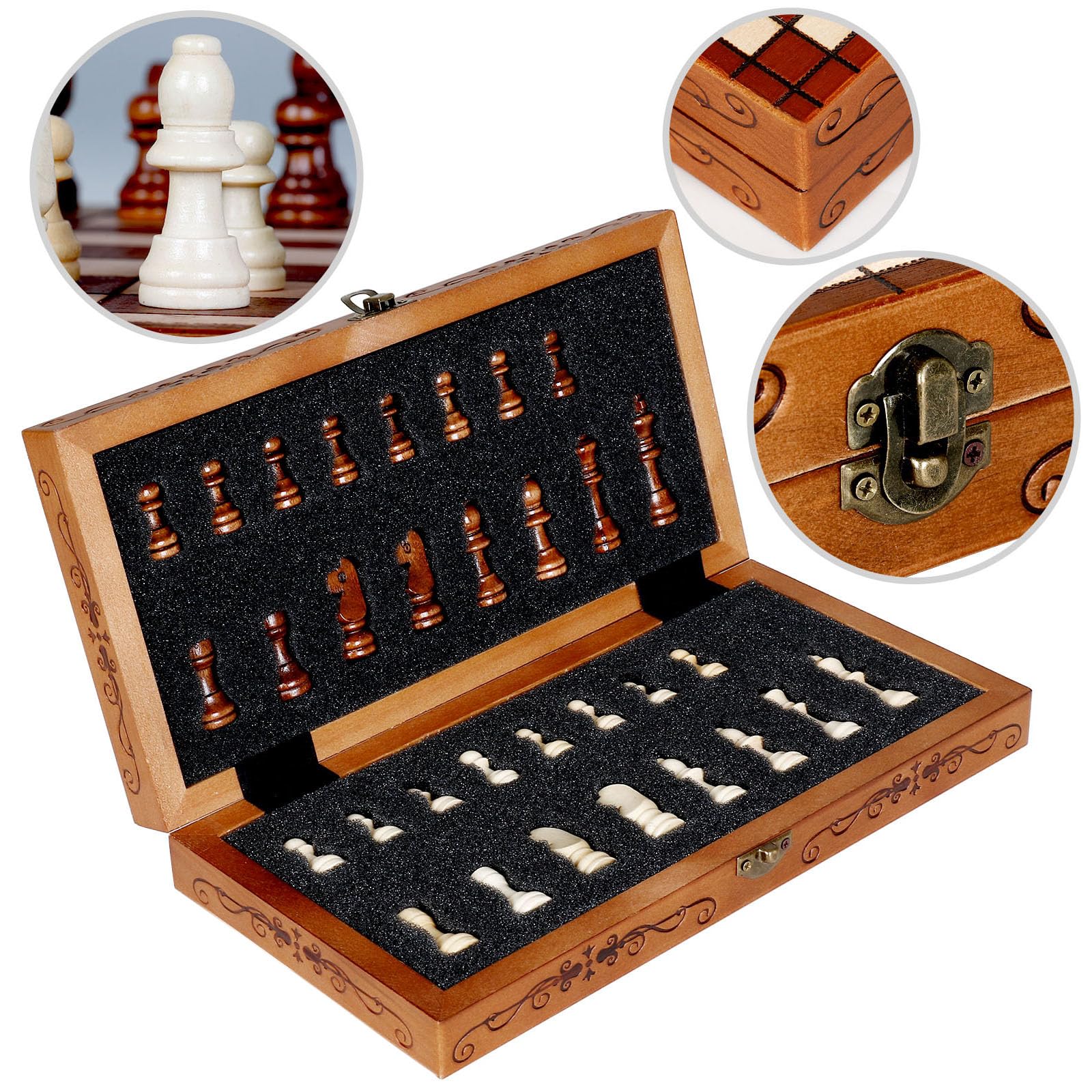 Syrace Folding Hand Crafted Wooden Chess Set Chess Board for Kids and Adults 30 x 30 CM