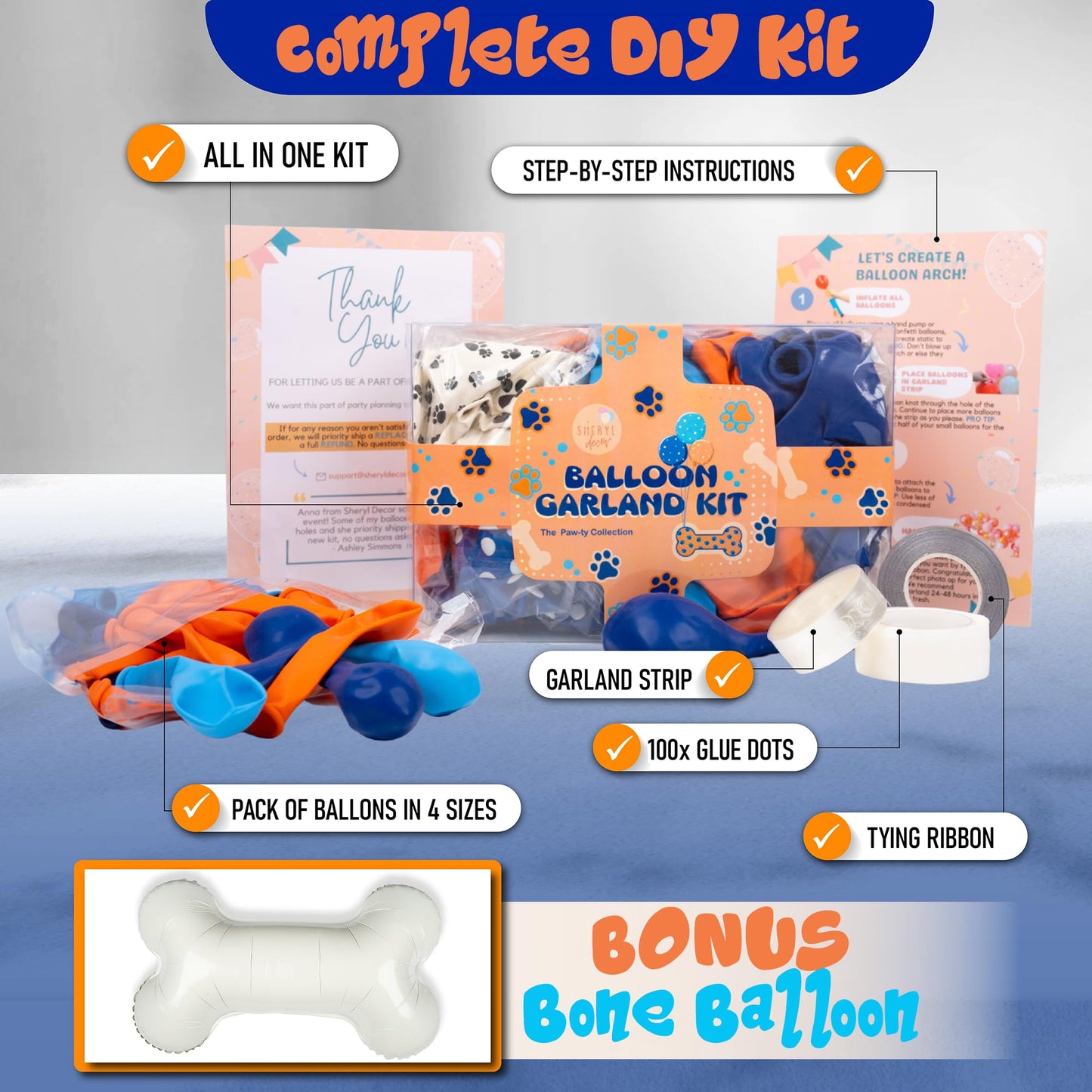 ALL-IN-1 Balloons Arch & Garland Kit with BONUS Dog Bone Small and Large Blue & Orange Party Balloons Blue Themed Party Decorations & Supplies for Boy