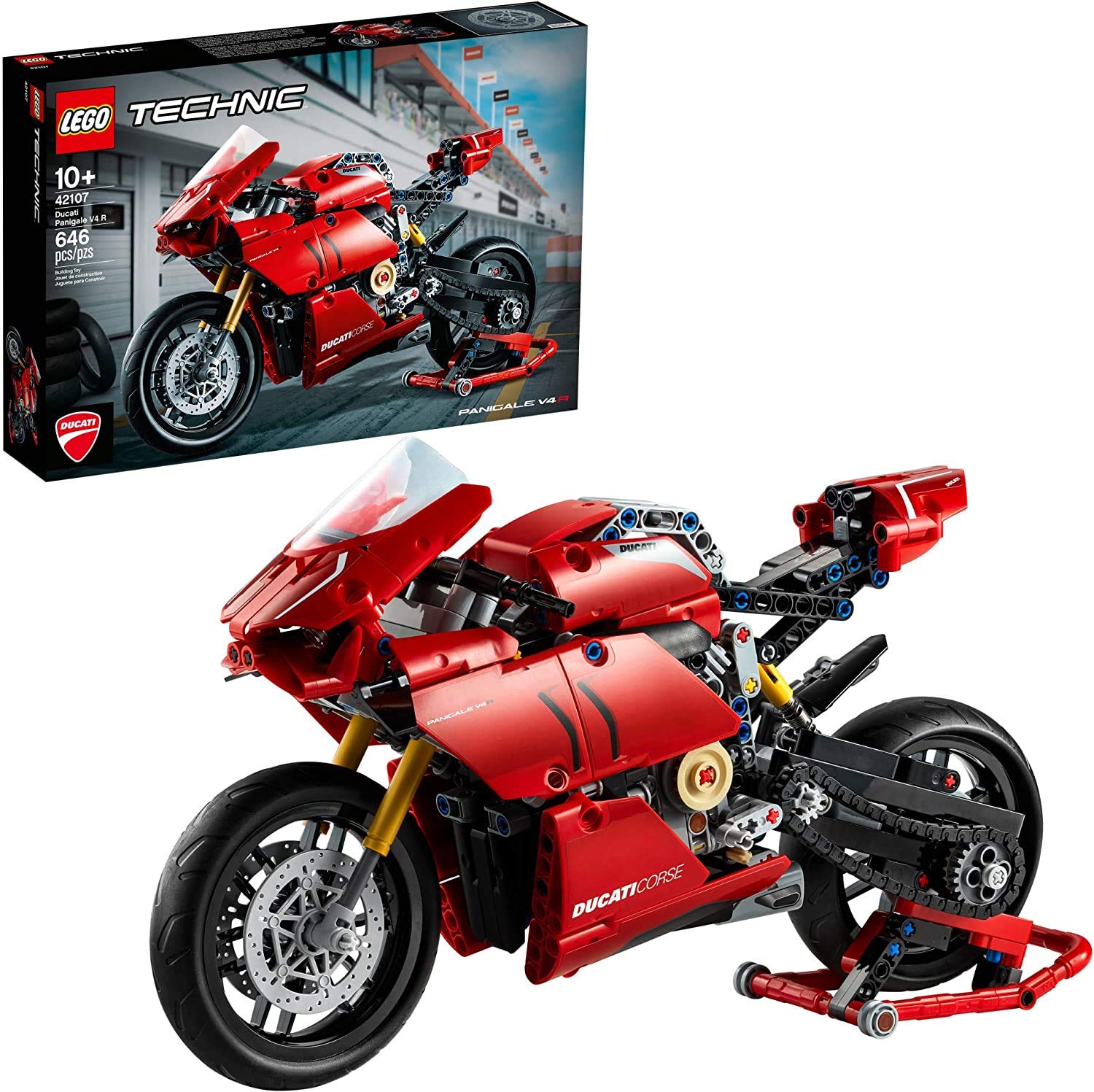 LEGO Technic Ducati Panigale V4 R Motorcycle 42107 Building Set - Collectible Superbike Display Model Kit with Gearbox and Working Suspension, Fun