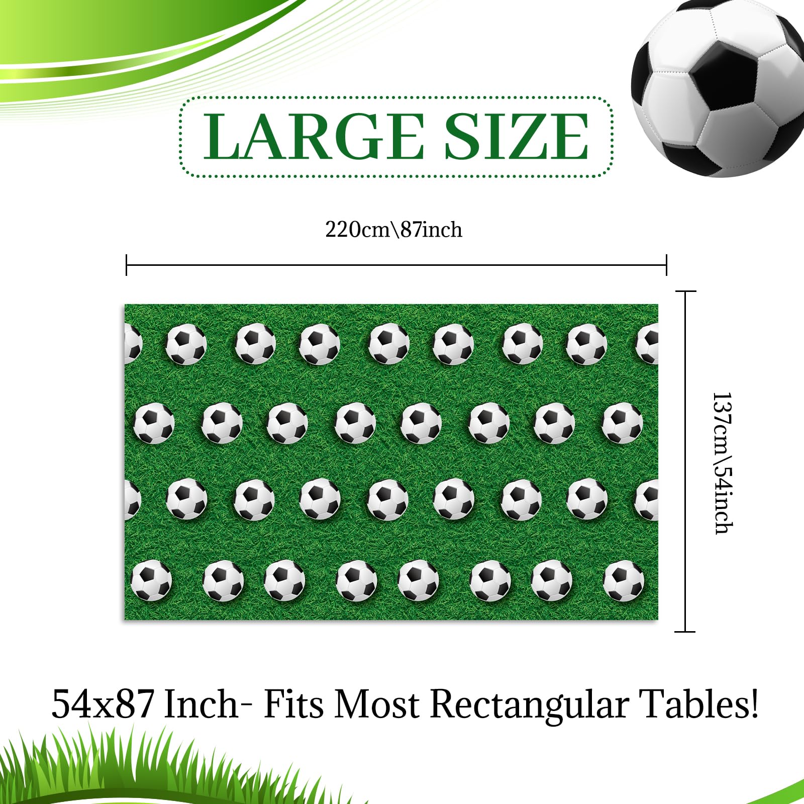 2 Pcs Football Soccer Field Theme Table Cover ,Vibrant Green Grass with Soccer Ball Pattern, Water Resistant Plastic Tablecloth for Sports Bar Events