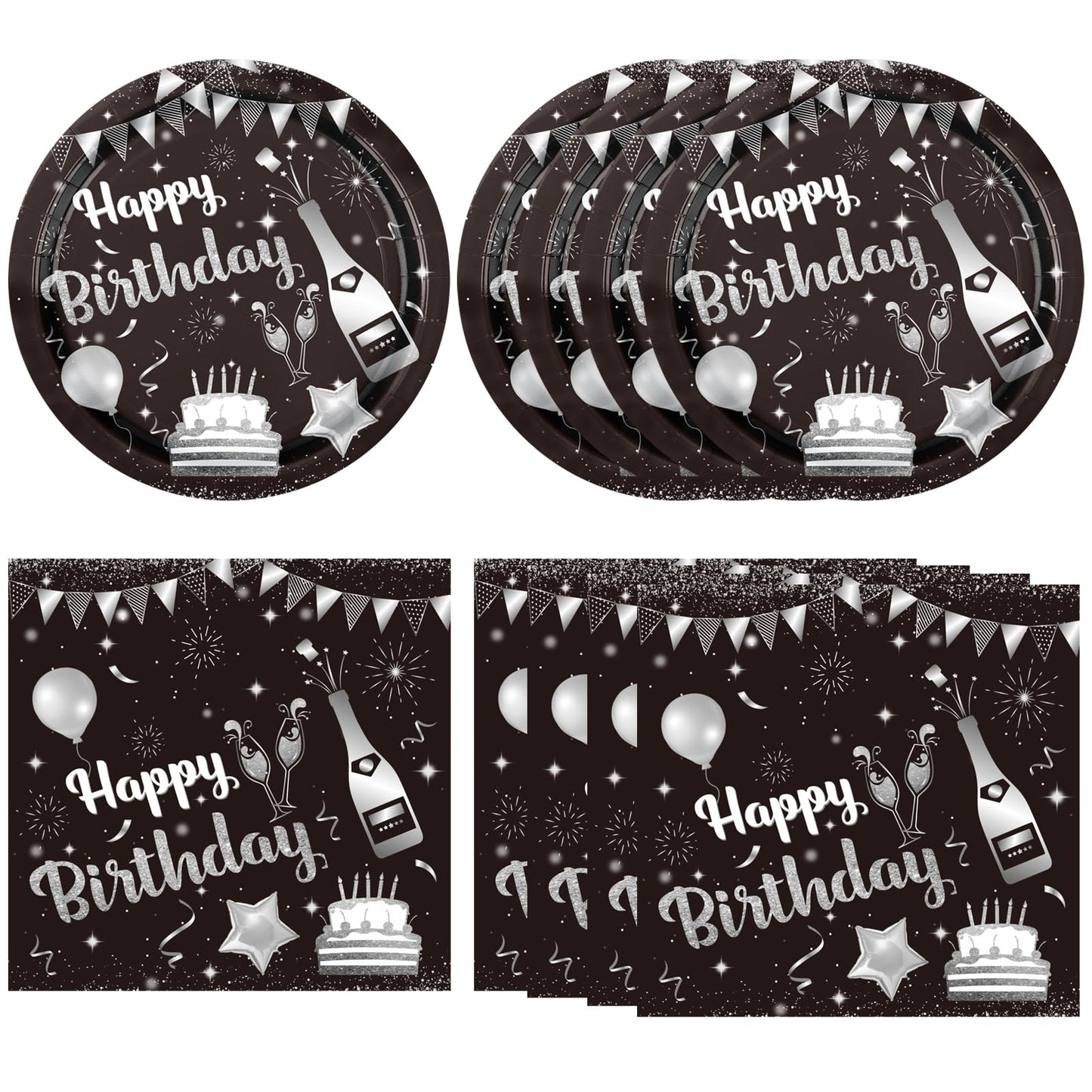 40PCS Birthday Party Decorations Black Silver Happy Birthday Party Disposable Tableware Kit Included Paper Plates and Napkins Set for Men Women